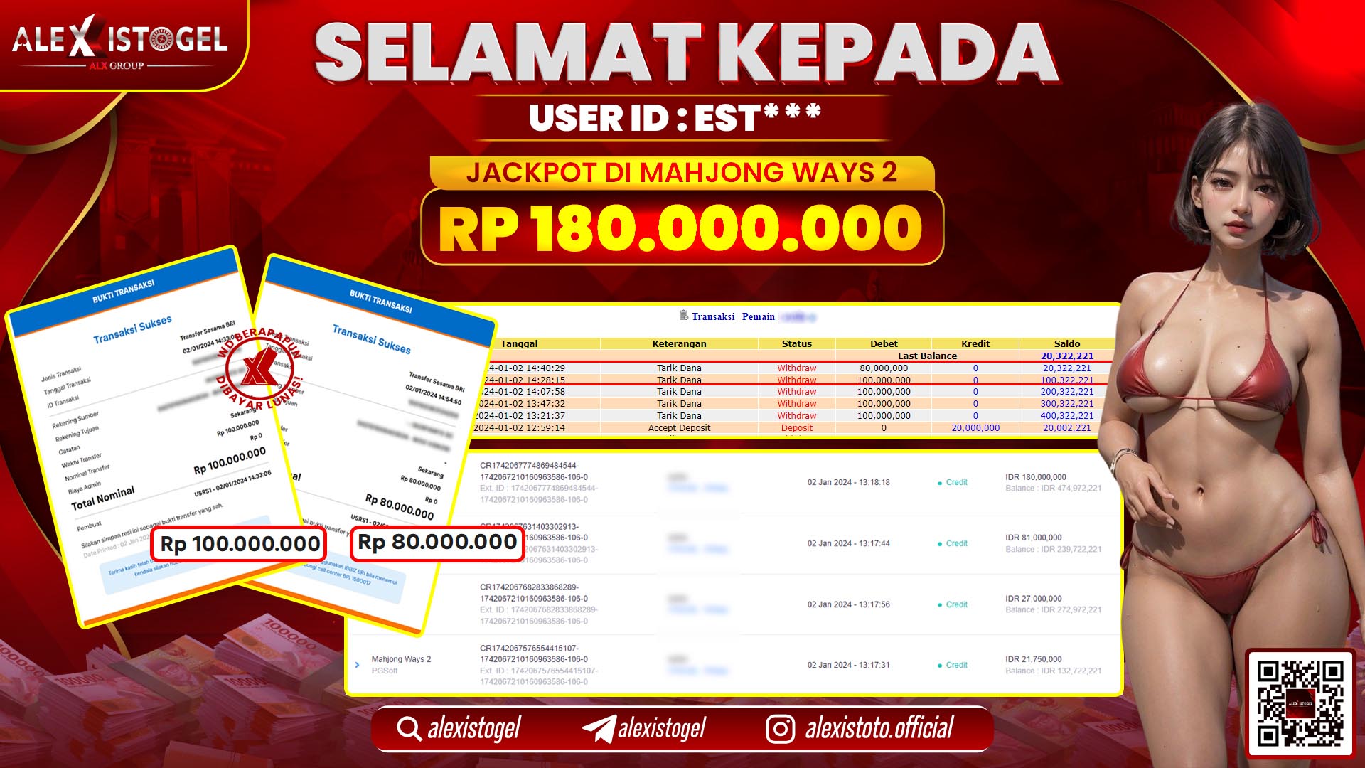 ALEXISTOGEL JACKPOT SLOT GAMES RP. 180.000.000 LUNAS