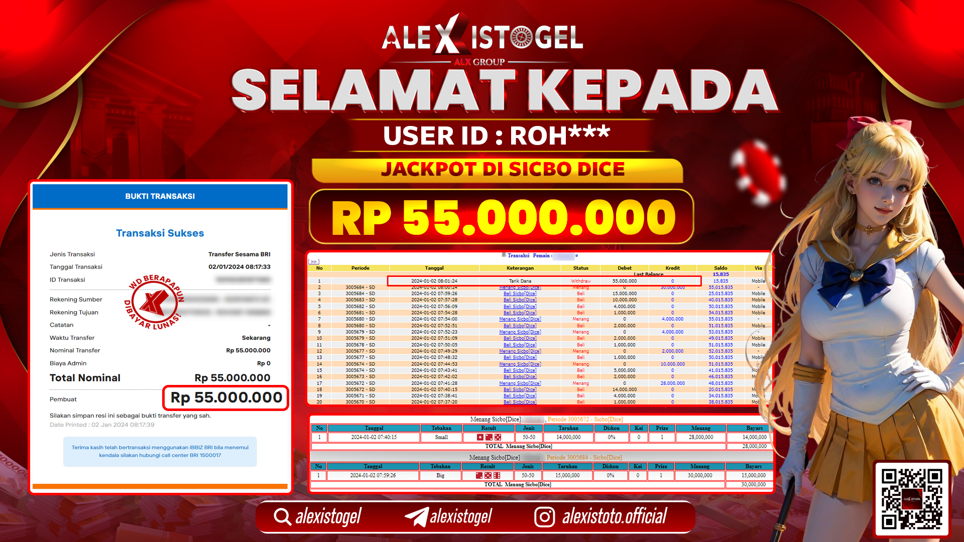 ALEXISTOGEL JACKPOT SICBO DICE RP. 55.000.000 LUNAS