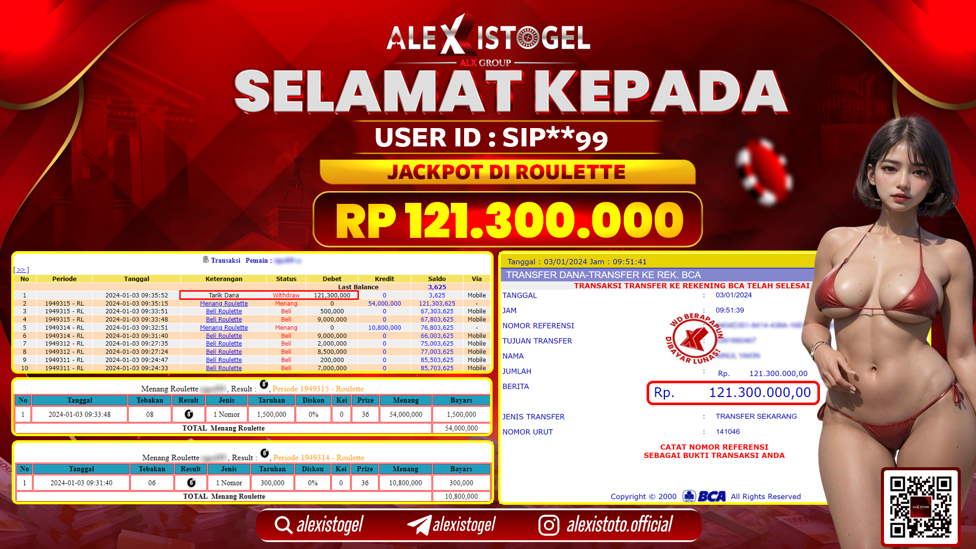 ALEXISTOGEL JACKPOT ROULETTE RP. 121.300.000 LUNAS