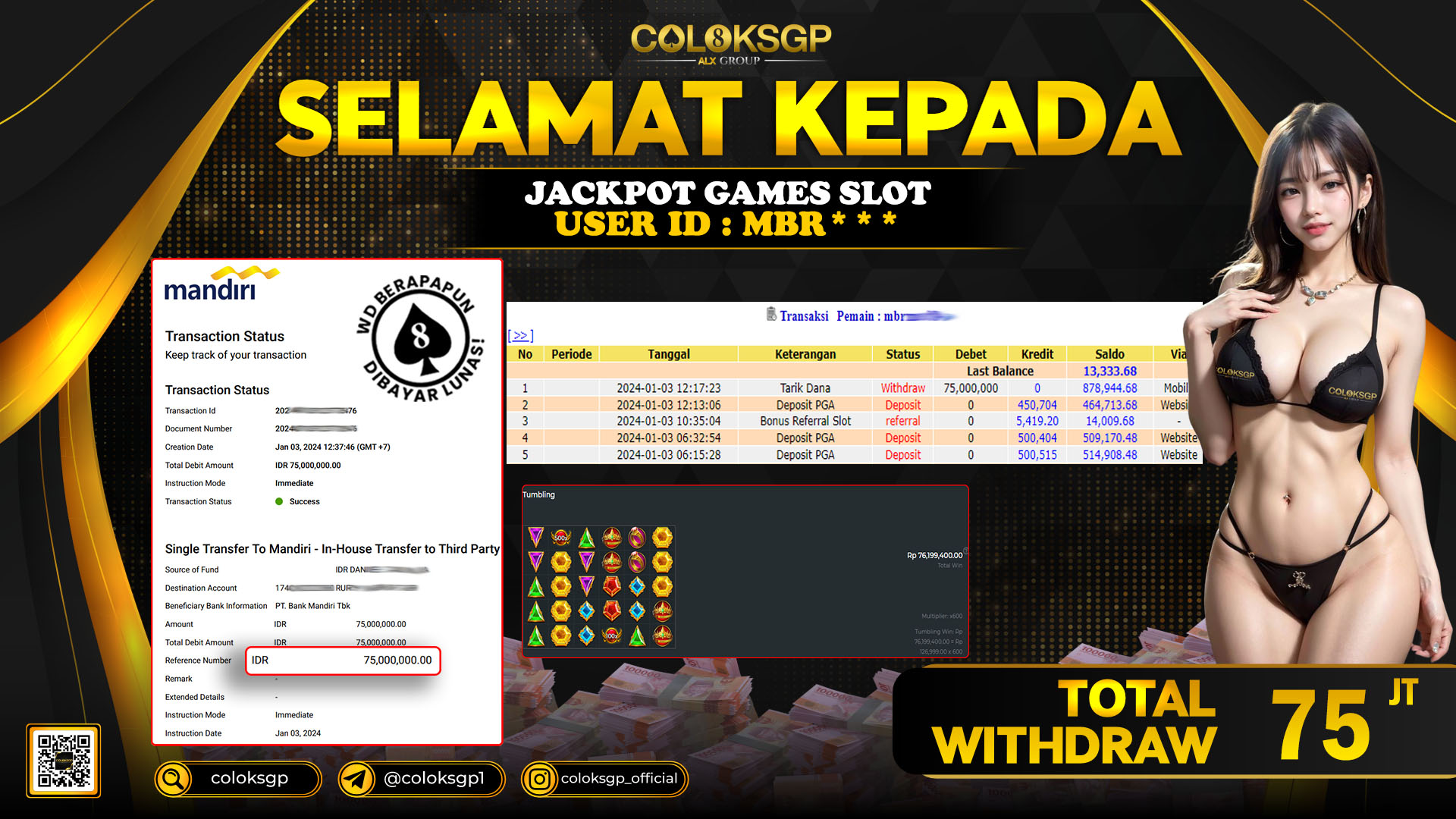COLOKSGP JACKPOT SLOT GAMES RP 75.000.000 LUNAS
