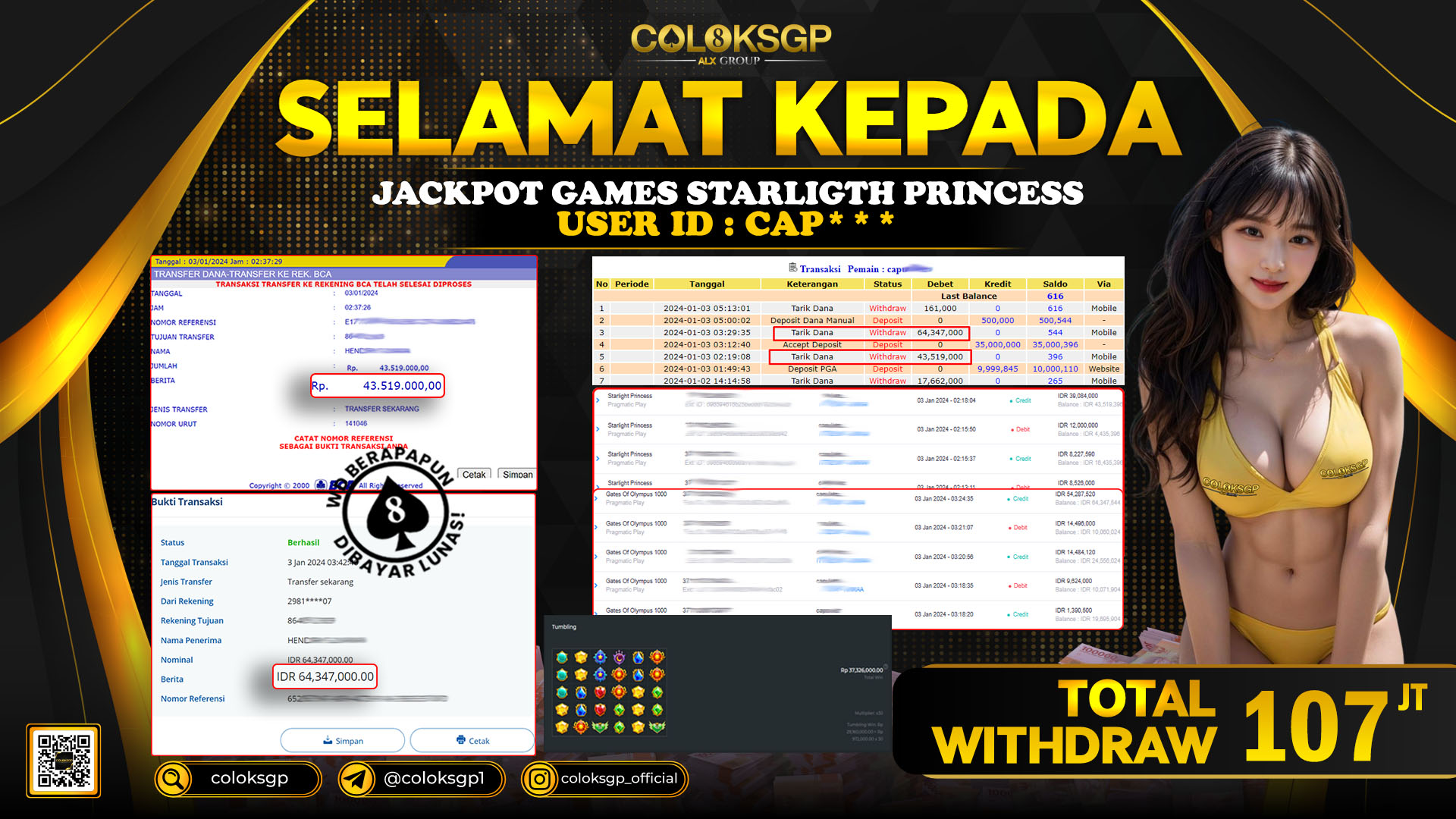 COLOKSGP JACKPOT SLOT GAMES RP 107.000.000 LUNAS
