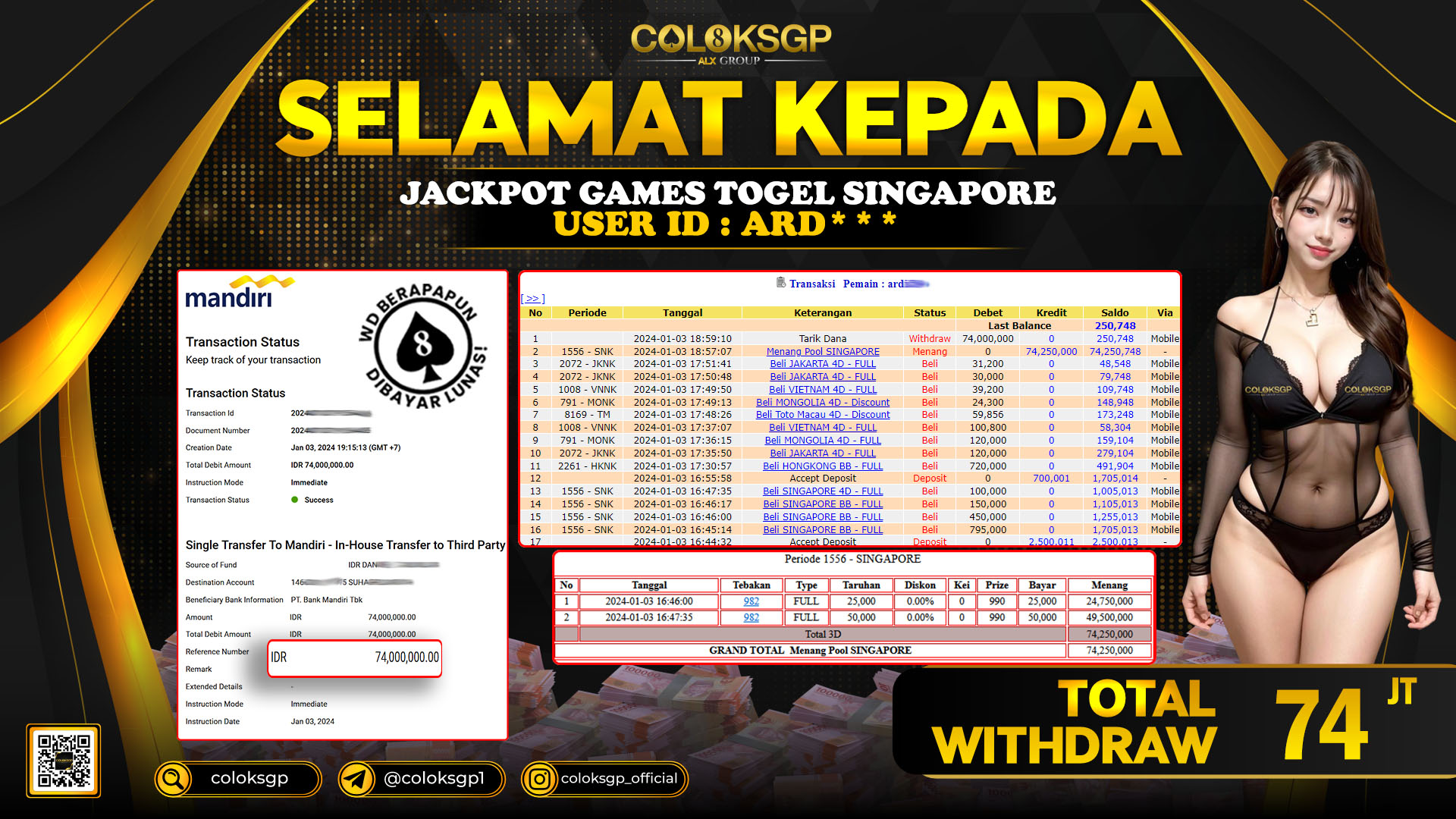 COLOKSGP JACKPOT SINGAPORE POOLS RP 74.000.000 LUNAS
