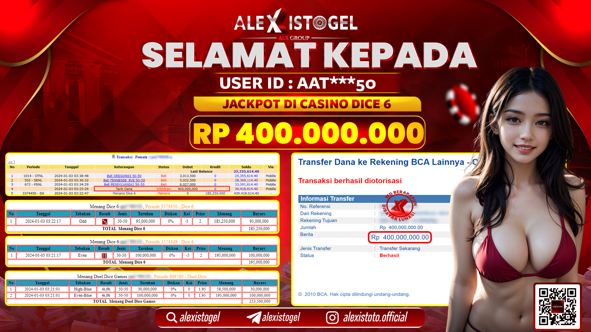 ALEXISTOGEL JACKPOT DICE 6 RP. 400.000.000 LUNAS