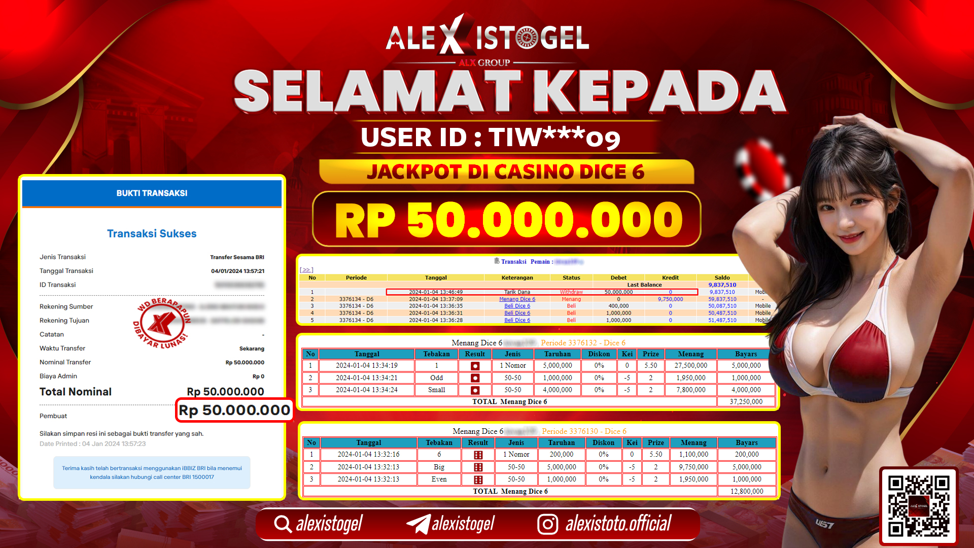 ALEXISTOGEL JACKPOT DICE 6 RP. 50.000.000 LUNAS