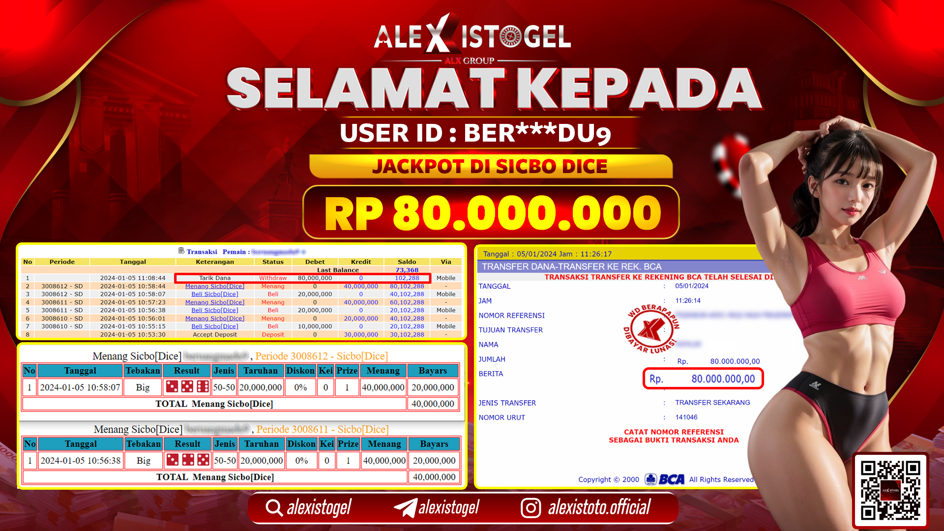 ALEXISTOGEL JACKPOT SICBO DICE RP. 80.000.000 LUNAS