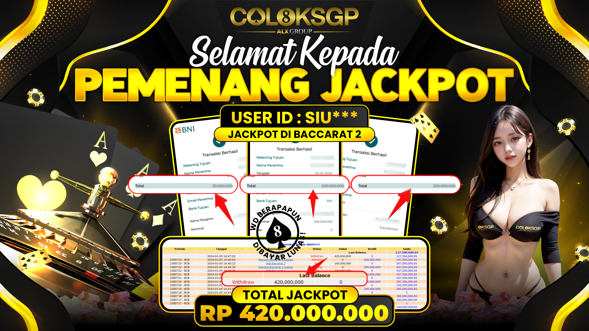 COLOKSGP JACKPOT BACCARAT 2 RP 420.000.000 LUNAS