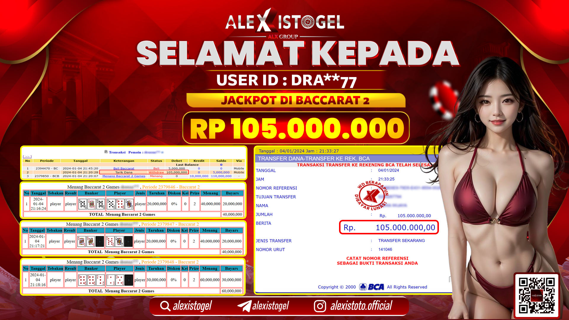 ALEXISTOGEL JACKPOT BACCARAT 2 RP. 105.000.000 LUNAS