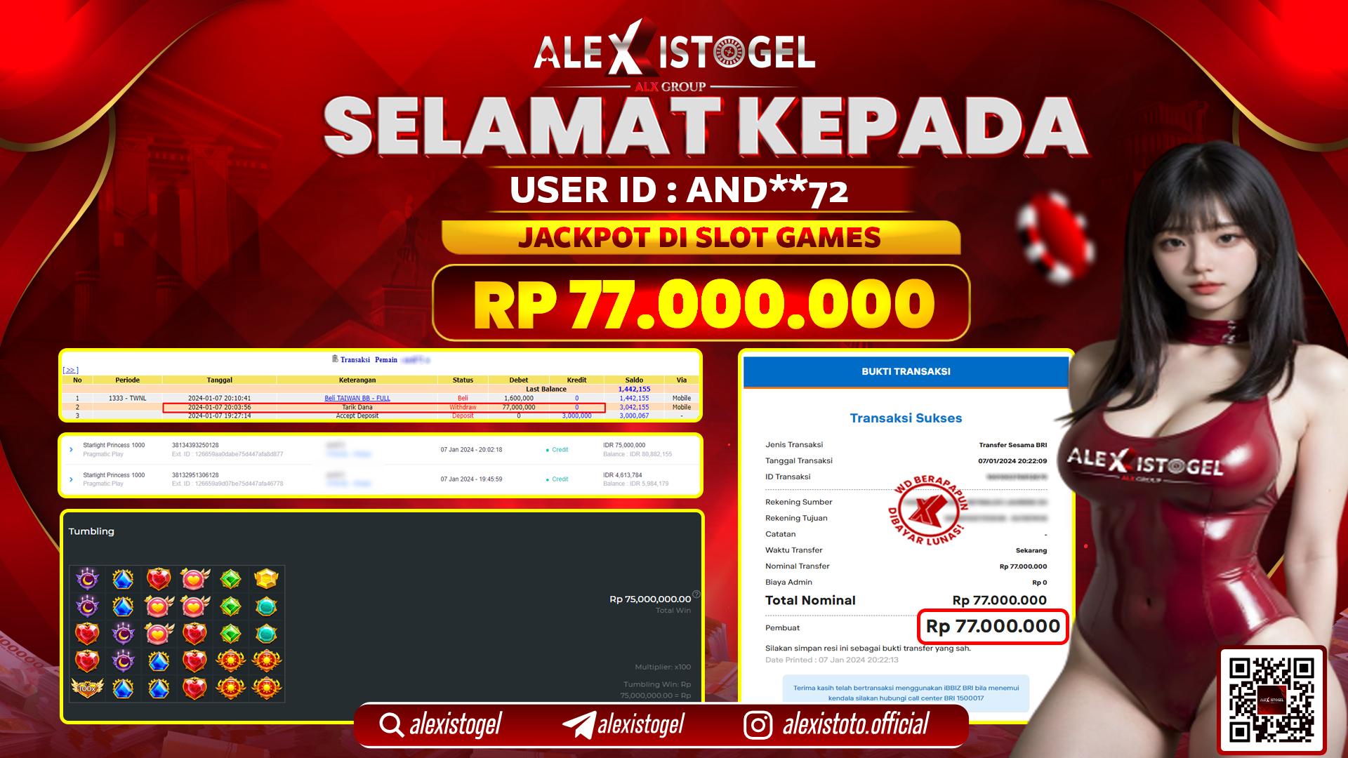 ALEXISTOGEL JACKPOT SLOT GAMES RP. 77.000.000 LUNAS