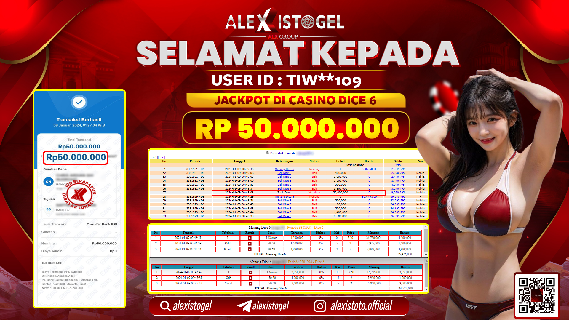ALEXISTOGEL JACKPOT DICE 6 RP. 50.000.000 LUNAS