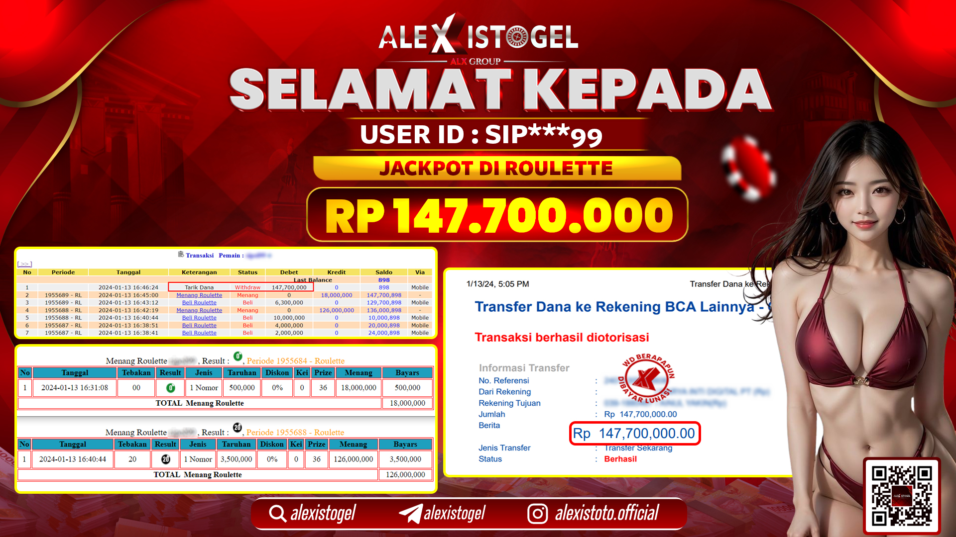 ALEXISTOGEL JACKPOT ROULETTE RP. 147.700.000 LUNAS