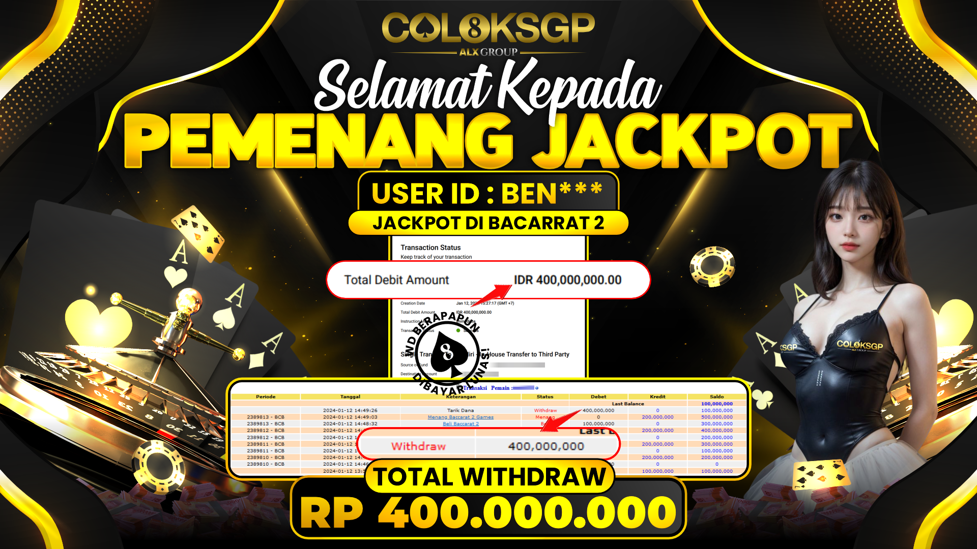 COLOKSGP JACKPOT BACCARAT 2 RP 400.000.000 LUNAS