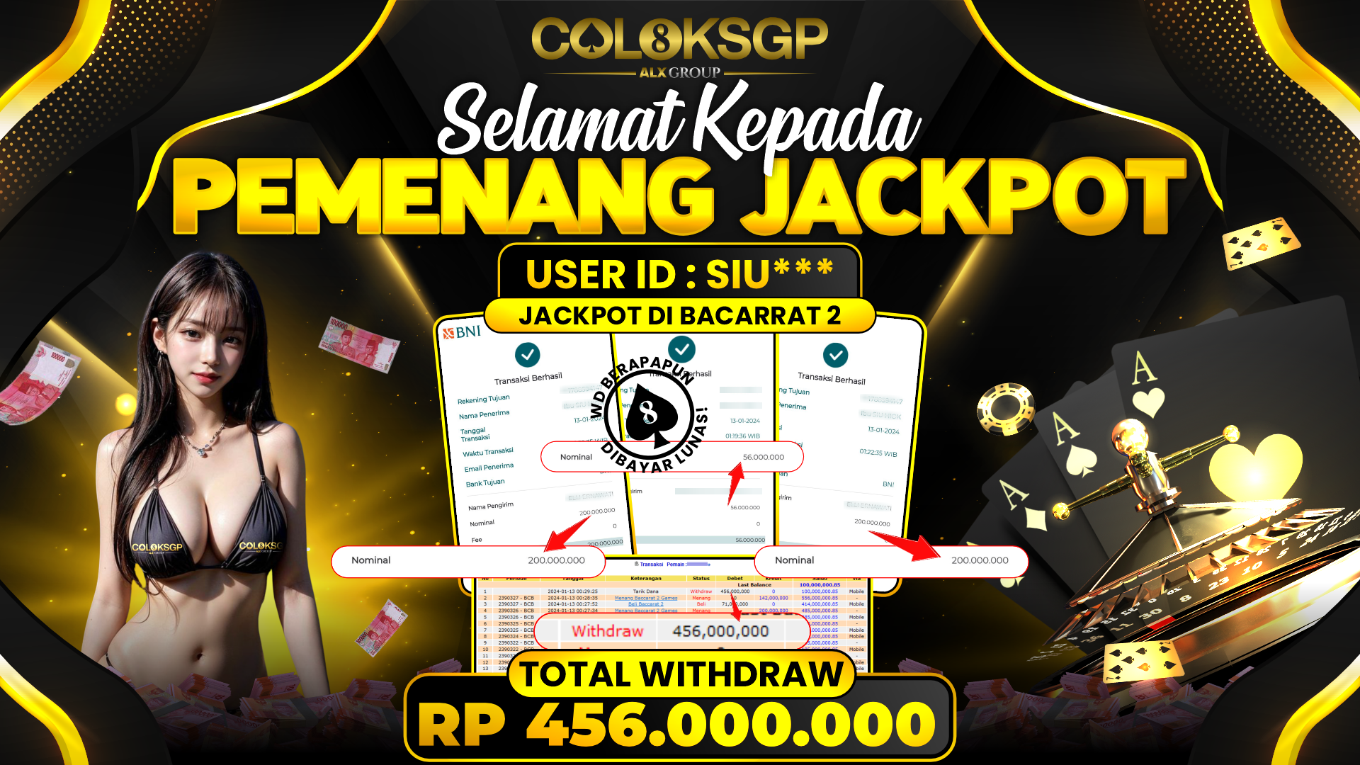 COLOKSGP JACKPOT BACCARAT 2 RP 456.000.000 LUNAS