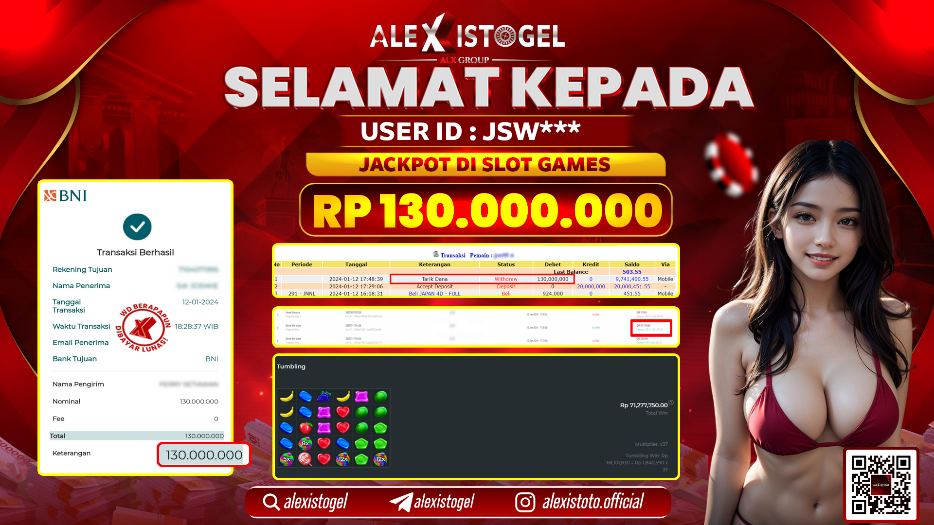ALEXISTOGEL JACKPOT SLOT GAMES RP. 130.000.000 LUNAS