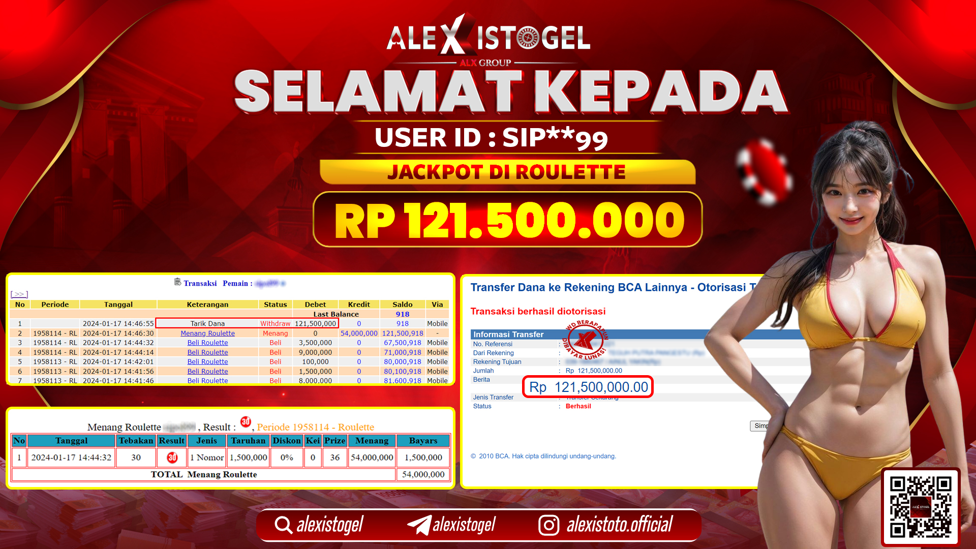 ALEXISTOGEL JACKPOT ROULETTE RP. 121.500.000 LUNAS