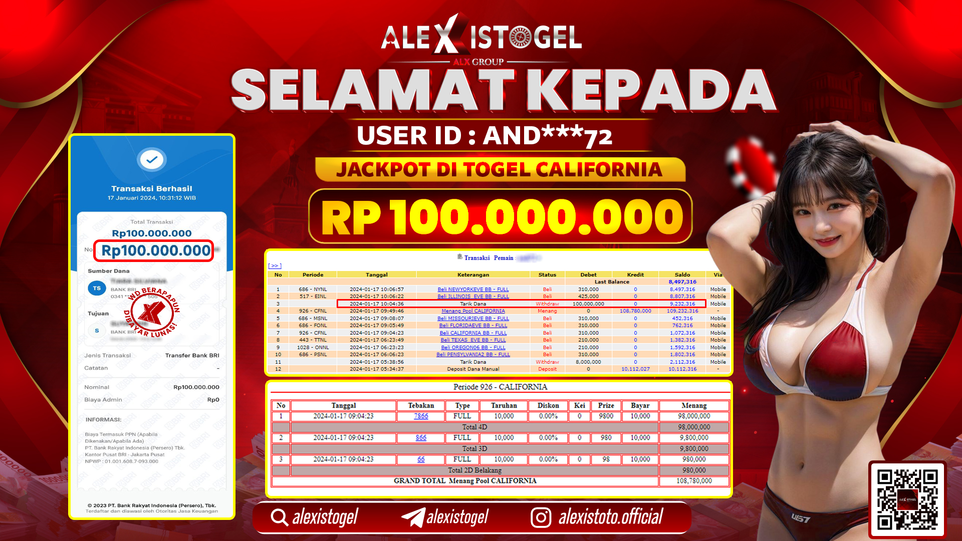 ALEXISTOGEL JACKPOT CALIFORNIA RP. 100.000.000 LUNAS
