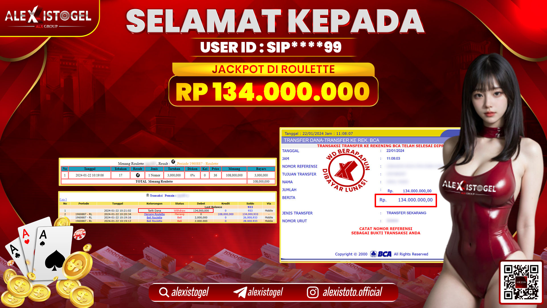 ALEXISTOGEL JACKPOT ROULETTE RP. 134.000.000 LUNAS