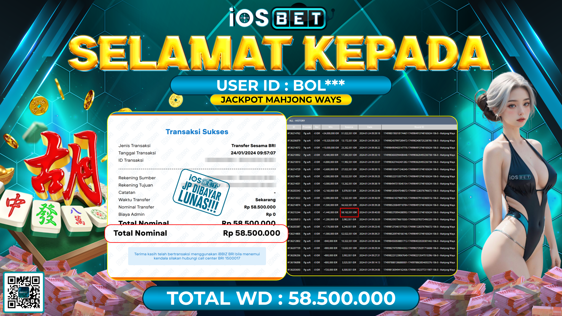 Bukti Pembayaran LUNAS SLOT GAMES GACOR Rp. 58.500.000,-