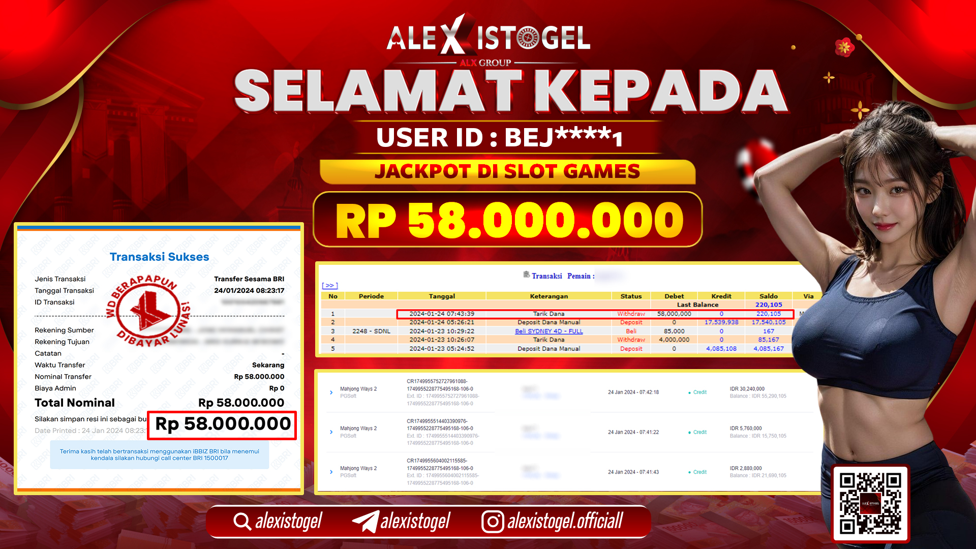 ALEXISTOGEL JACKPOT SLOT GAMES RP. 58.000.000 LUNAS