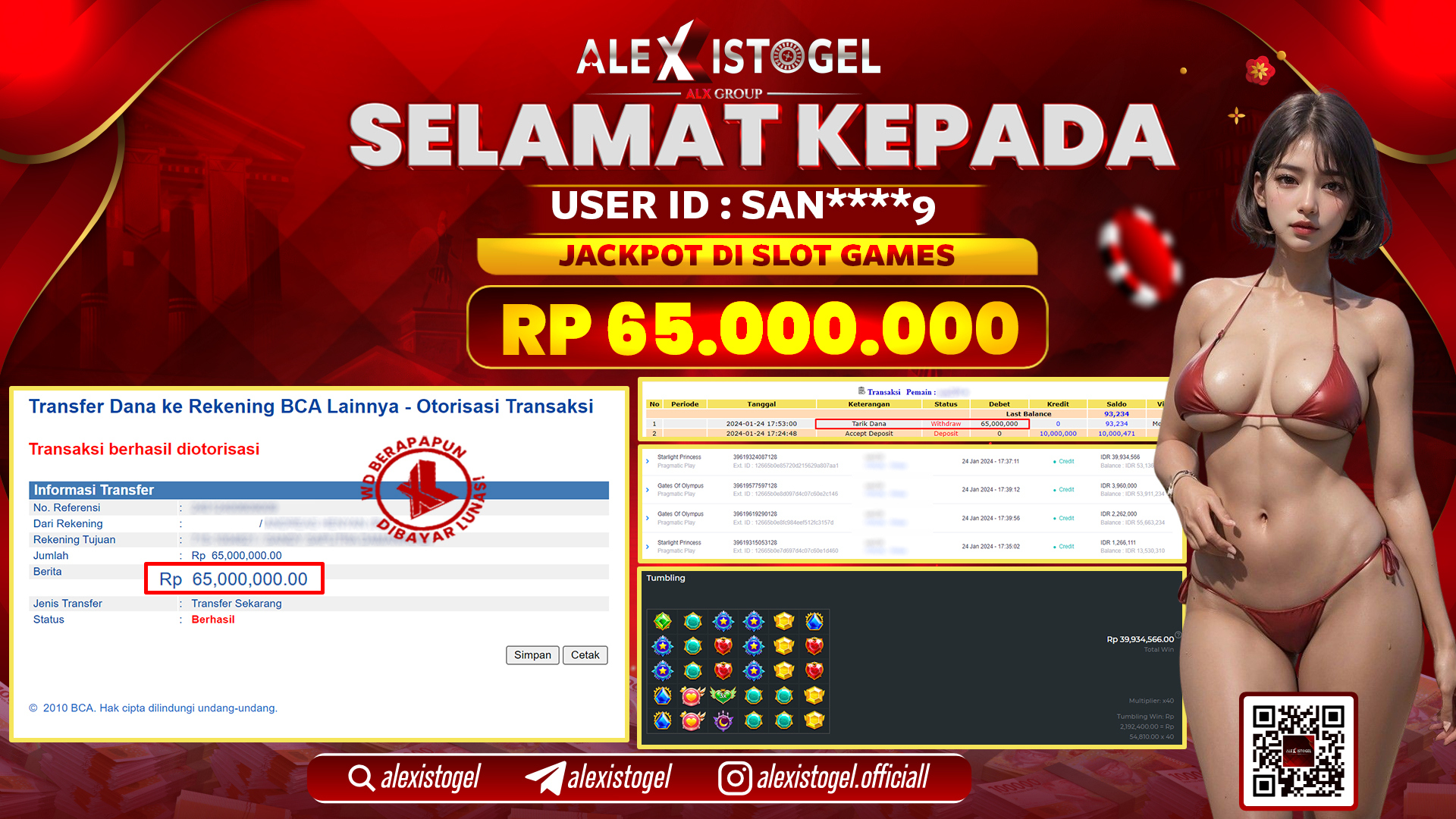 ALEXISTOGEL JACKPOT SLOT GAMES RP. 65.000.000 LUNAS