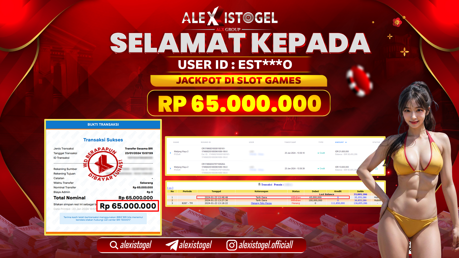 ALEXISTOGEL JACKPOT SLOT GAMES RP. 65.000.000 LUNAS