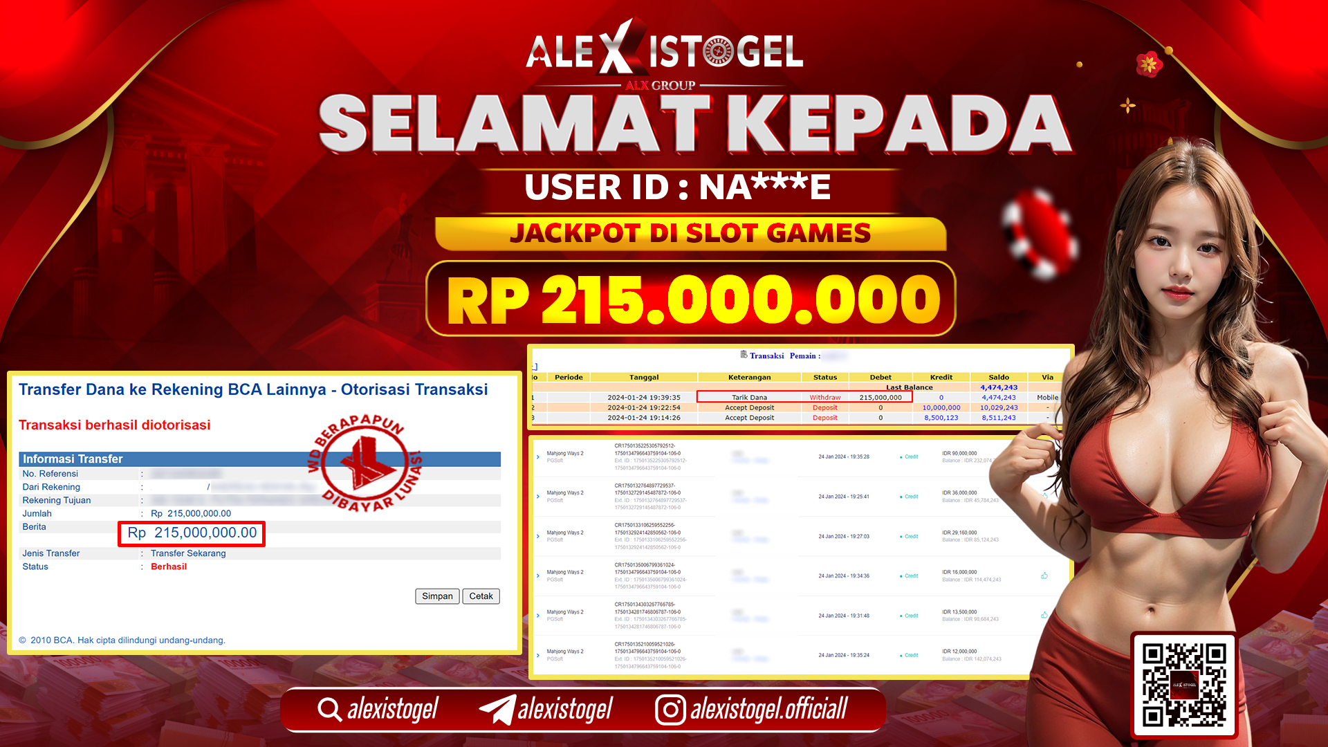 ALEXISTOGEL JACKPOT SLOT GAMES RP. 215.000.000 LUNAS