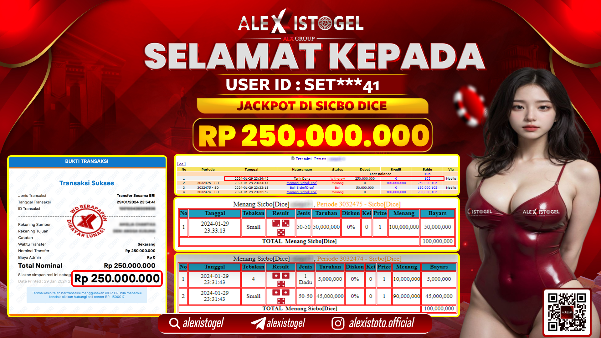 ALEXISTOGEL JACKPOT SICBO DICE RP. 250.000.000 LUNAS