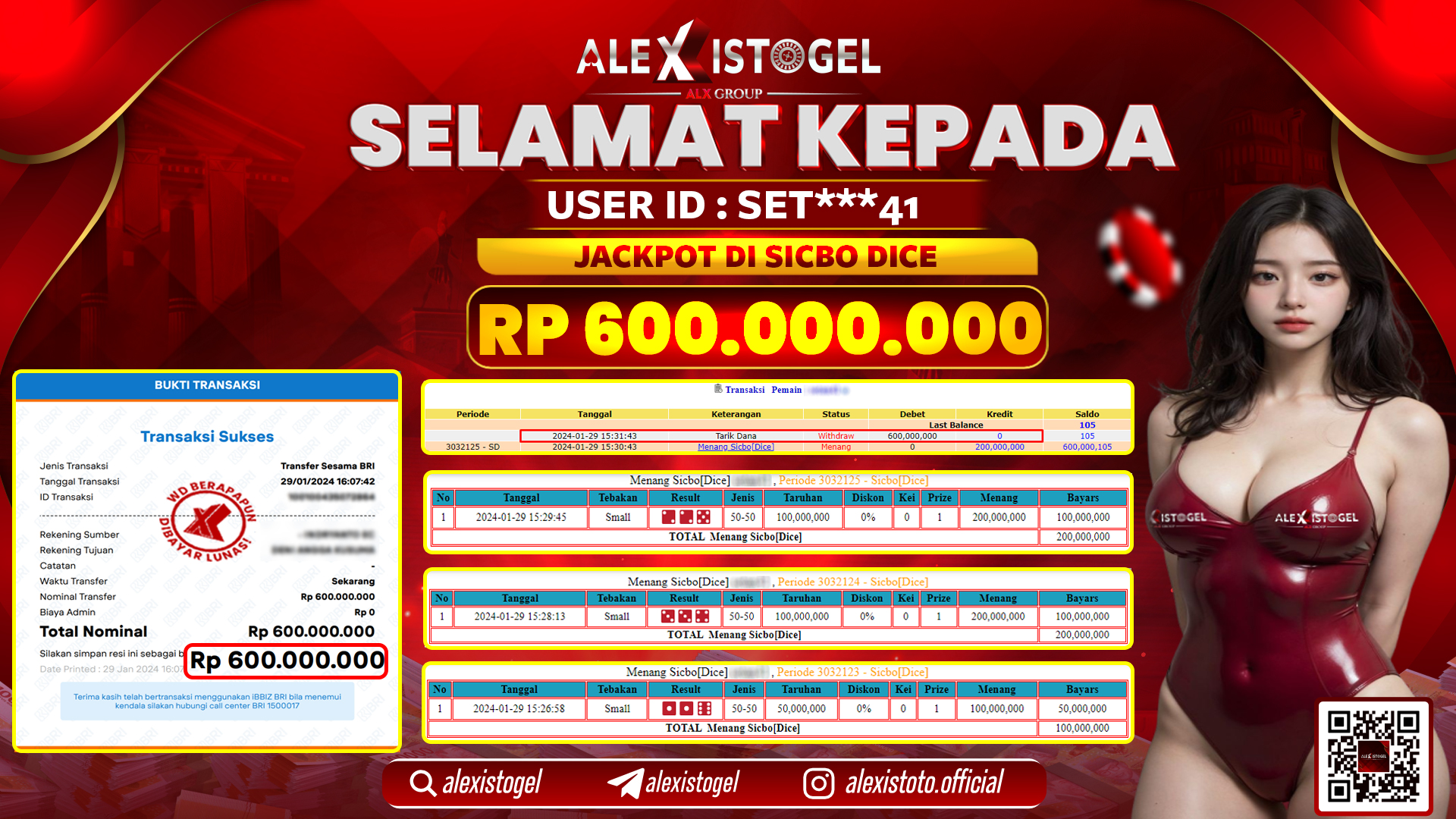 ALEXISTOGEL JACKPOT SICBO DICE RP. 600.000.000 LUNAS