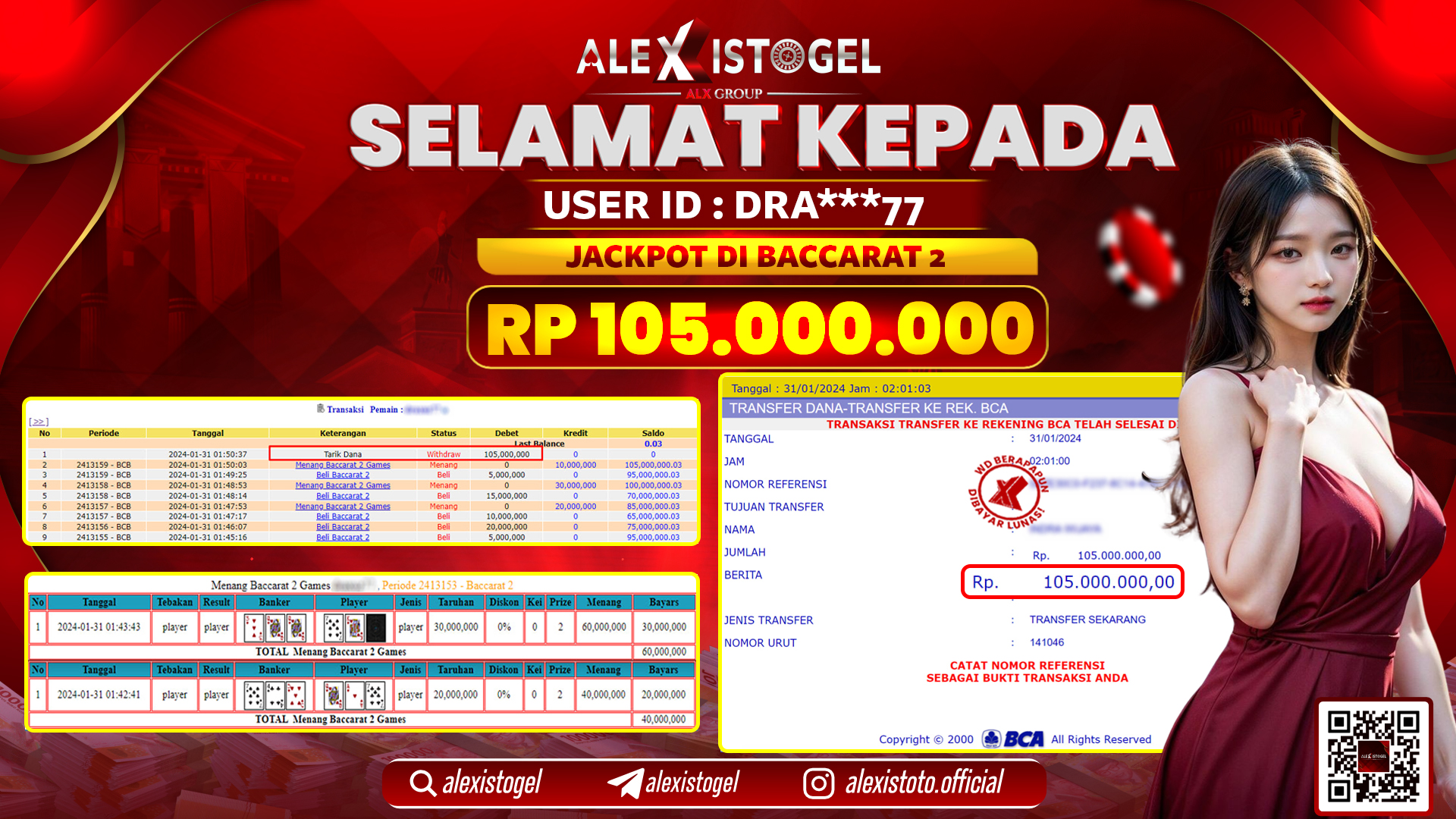 ALEXISTOGEL JACKPOT BACCARAT 2 RP. 105.000.000 LUNAS