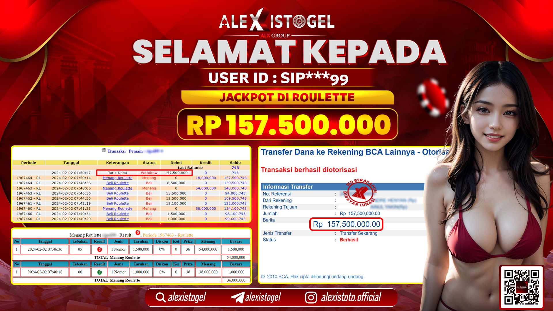ALEXISTOGEL JACKPOT ROULETTE RP. 157.500.000 LUNAS