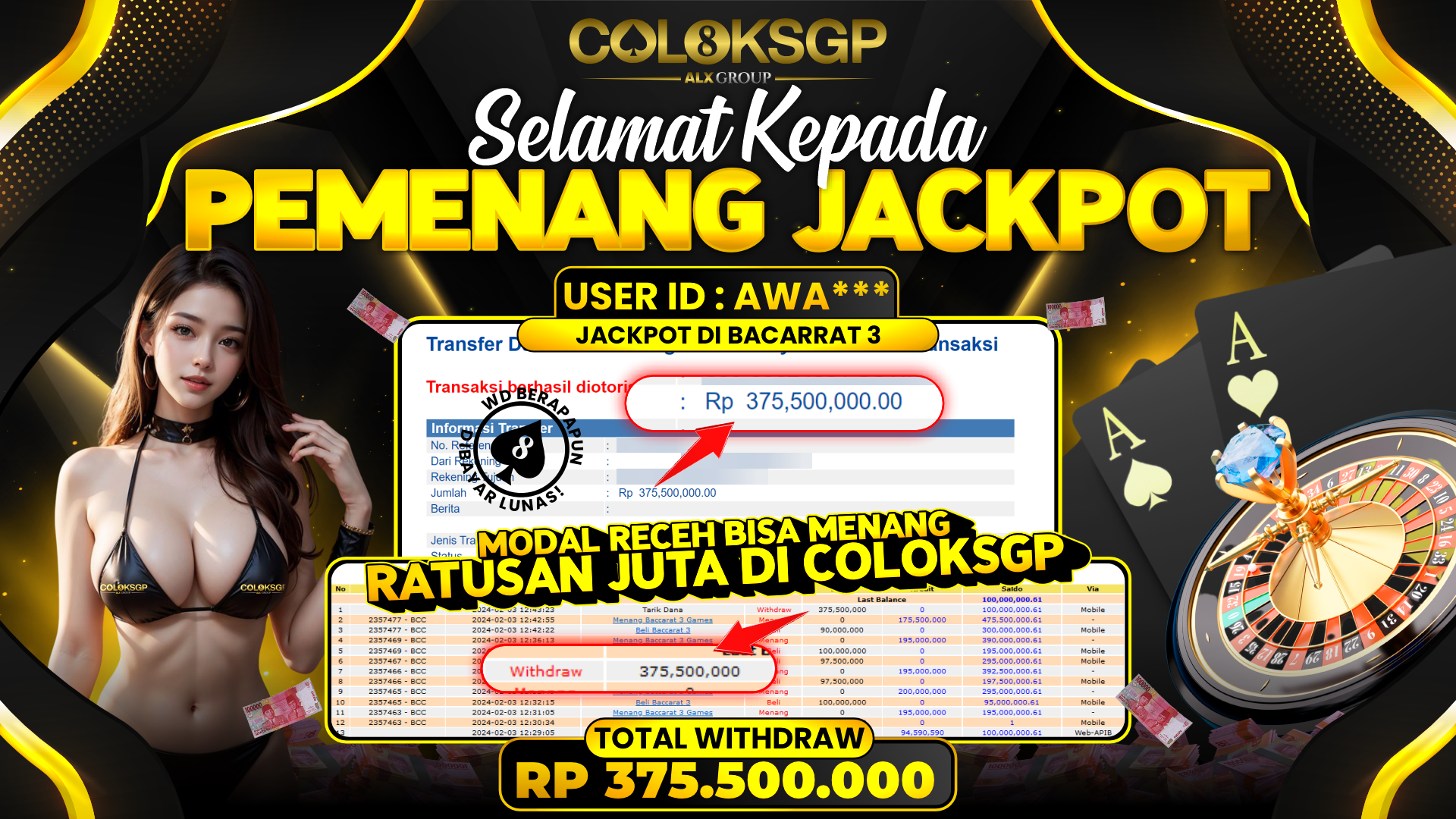 COLOKSGP JACKPOT BACCARAT 3 RP 375.500.000 LUNAS