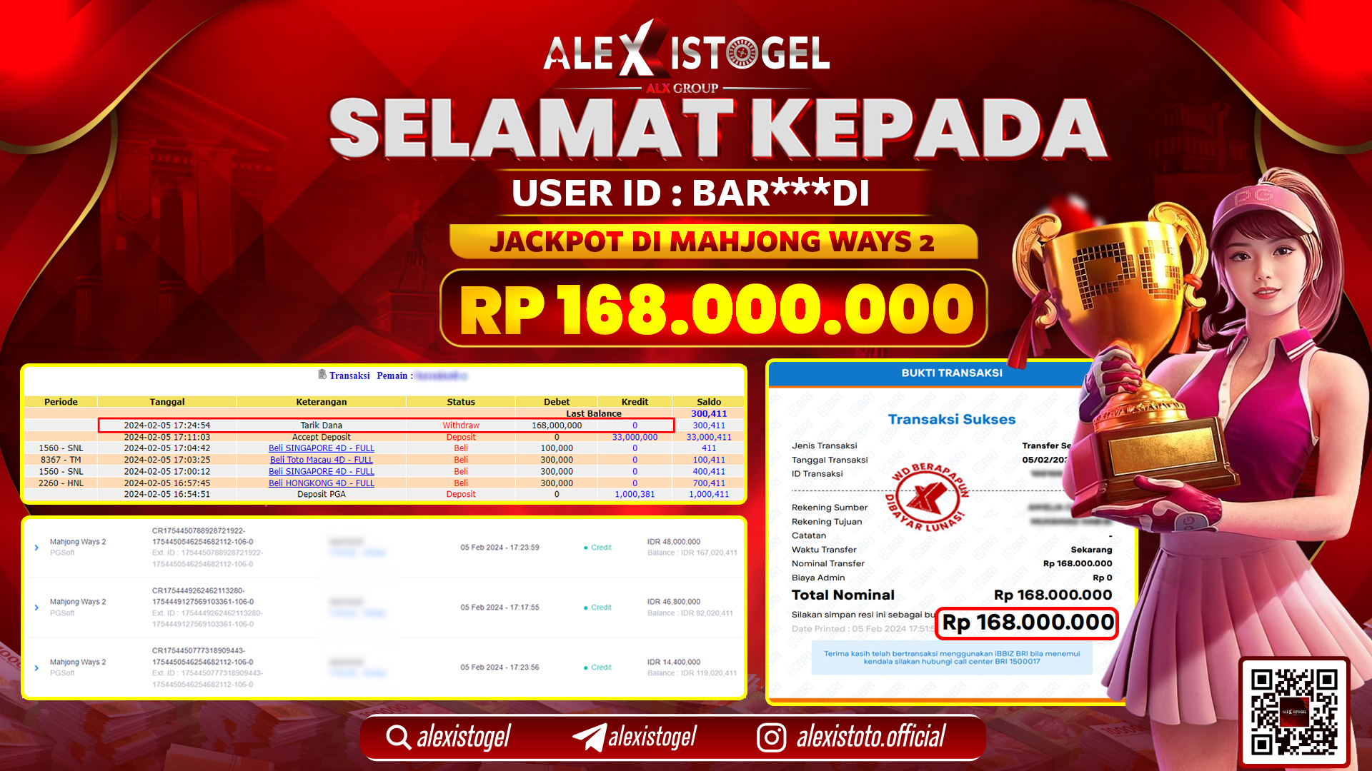 ALEXISTOGEL JACKPOT SLOT GAMES RP. 168.000.000 LUNAS