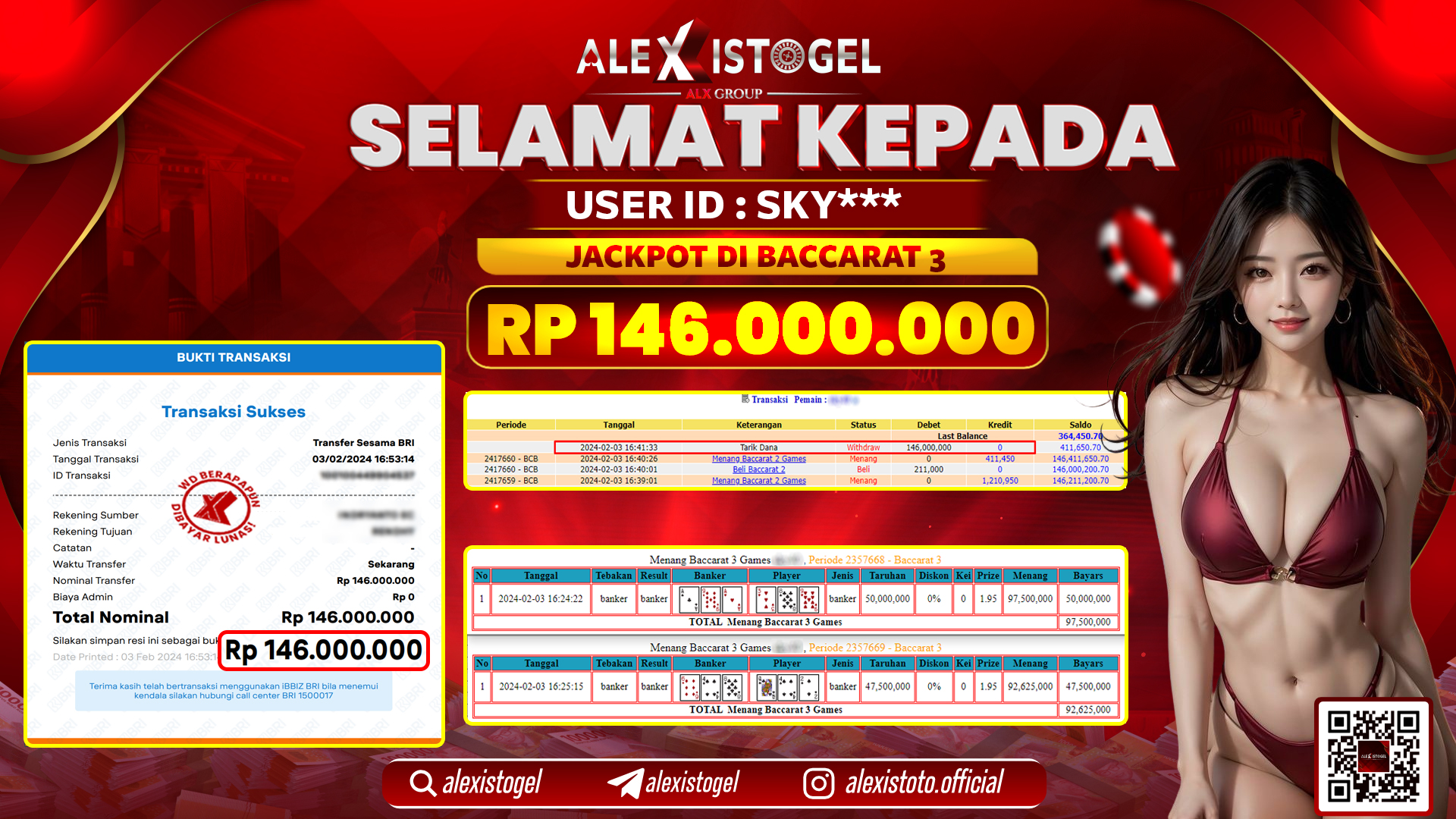 ALEXISTOGEL JACKPOT BACCARAT 3 RP. 146.000.000 LUNAS