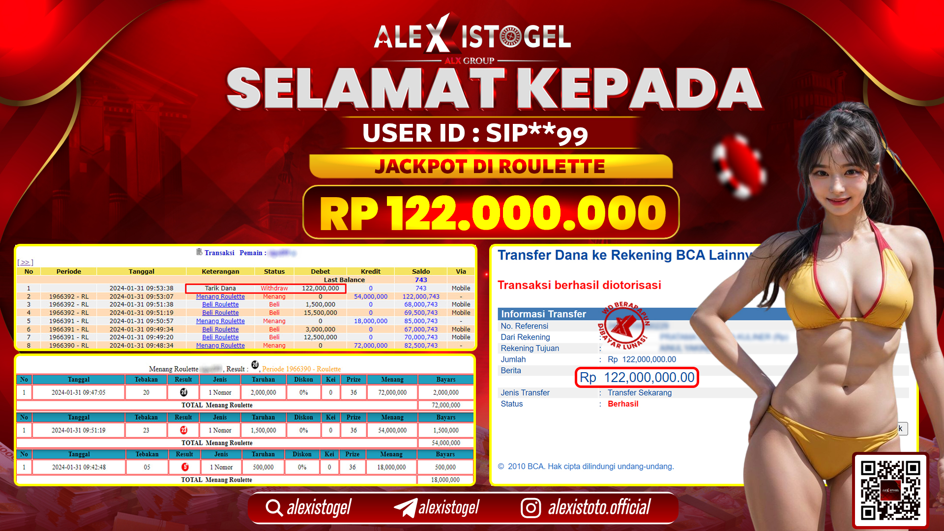 ALEXISTOGEL JACKPOT ROULETTE RP. 122.000.000 LUNAS