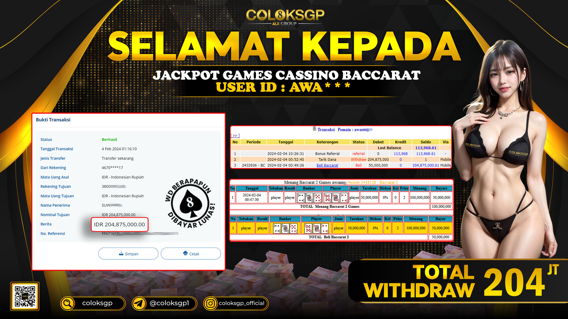 COLOKSGP JACKPOT BACCARAT RP 204.000.000 LUNAS