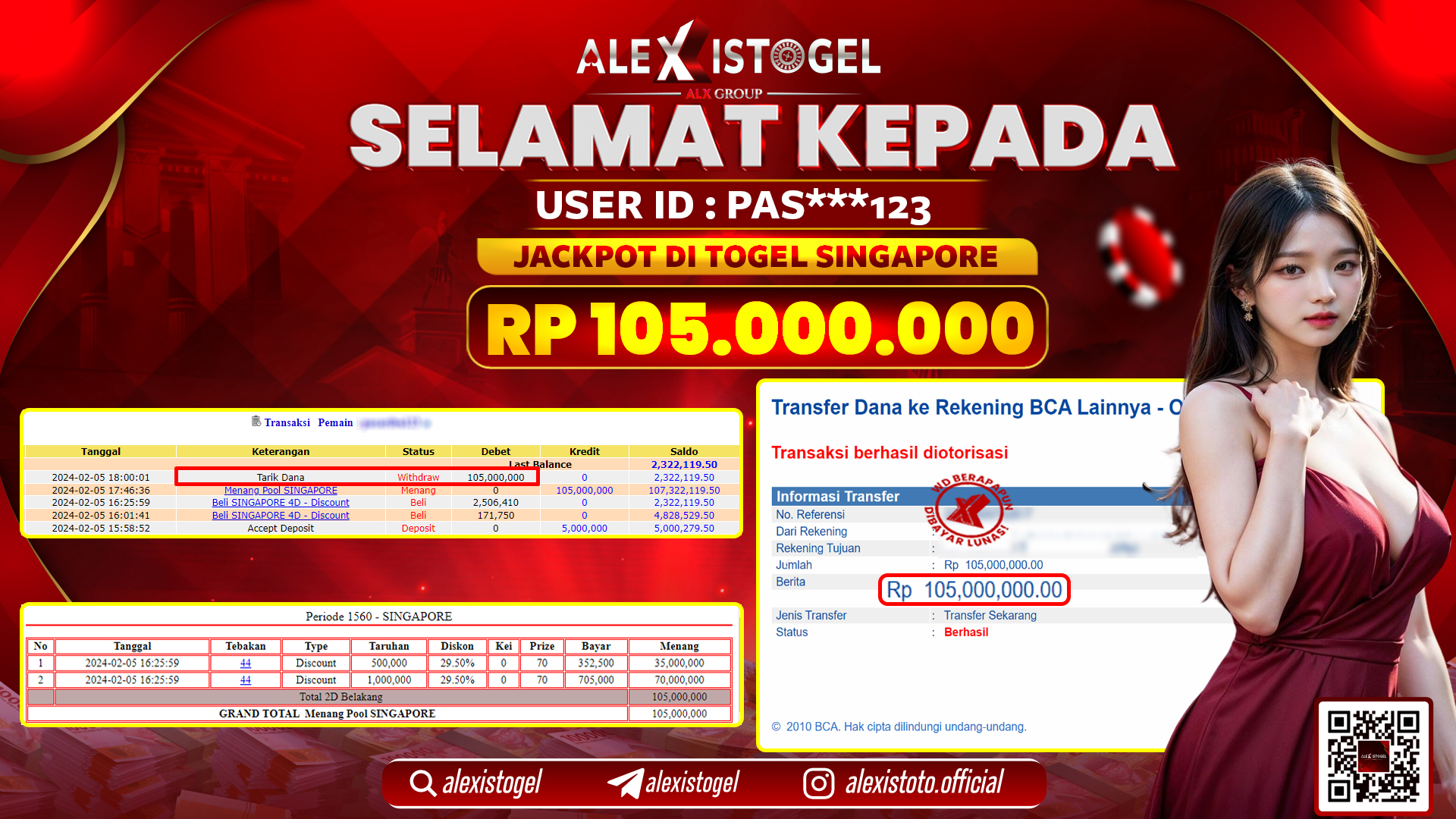 ALEXISTOGEL JACKPOT SINGAPORE POOLS RP. 105.000.000 LUNAS