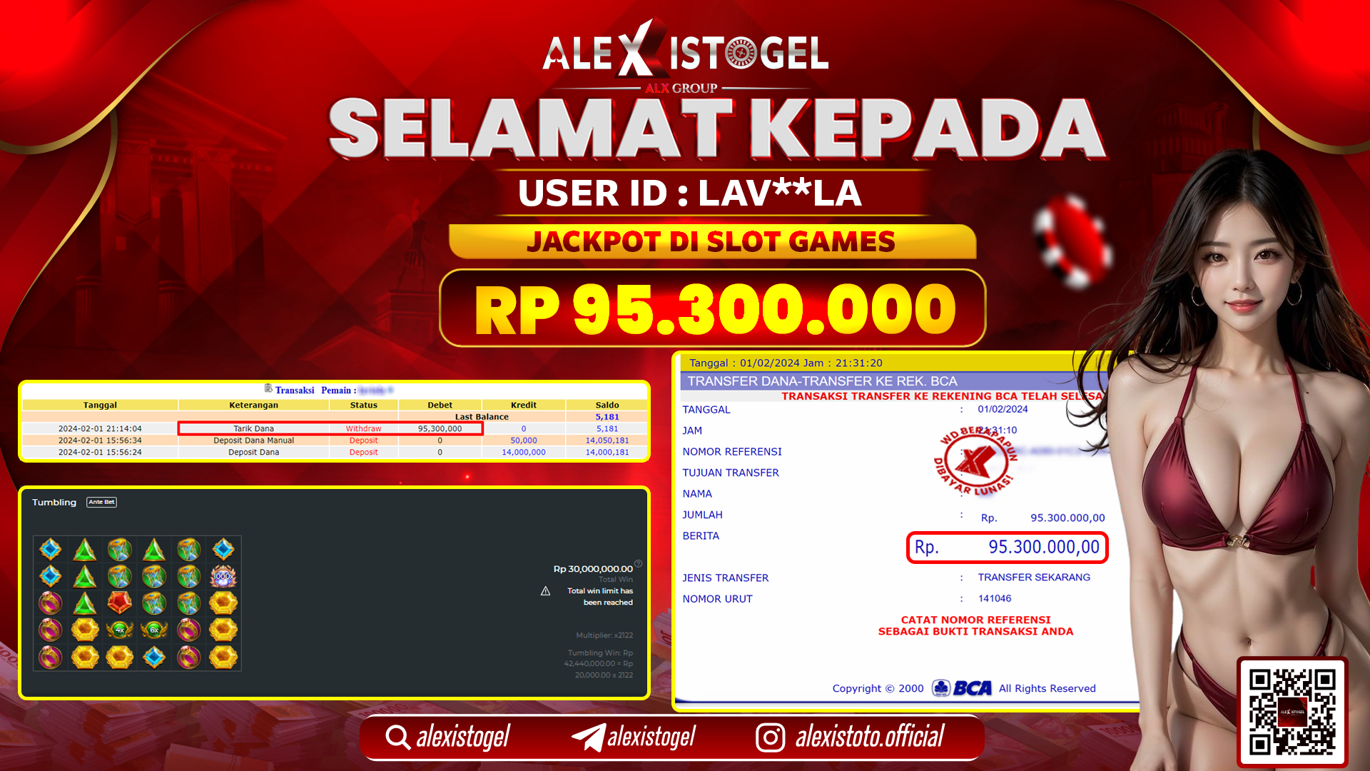 ALEXISTOGEL JACKPOT SLOT GAMES RP. 95.300.000 LUNAS