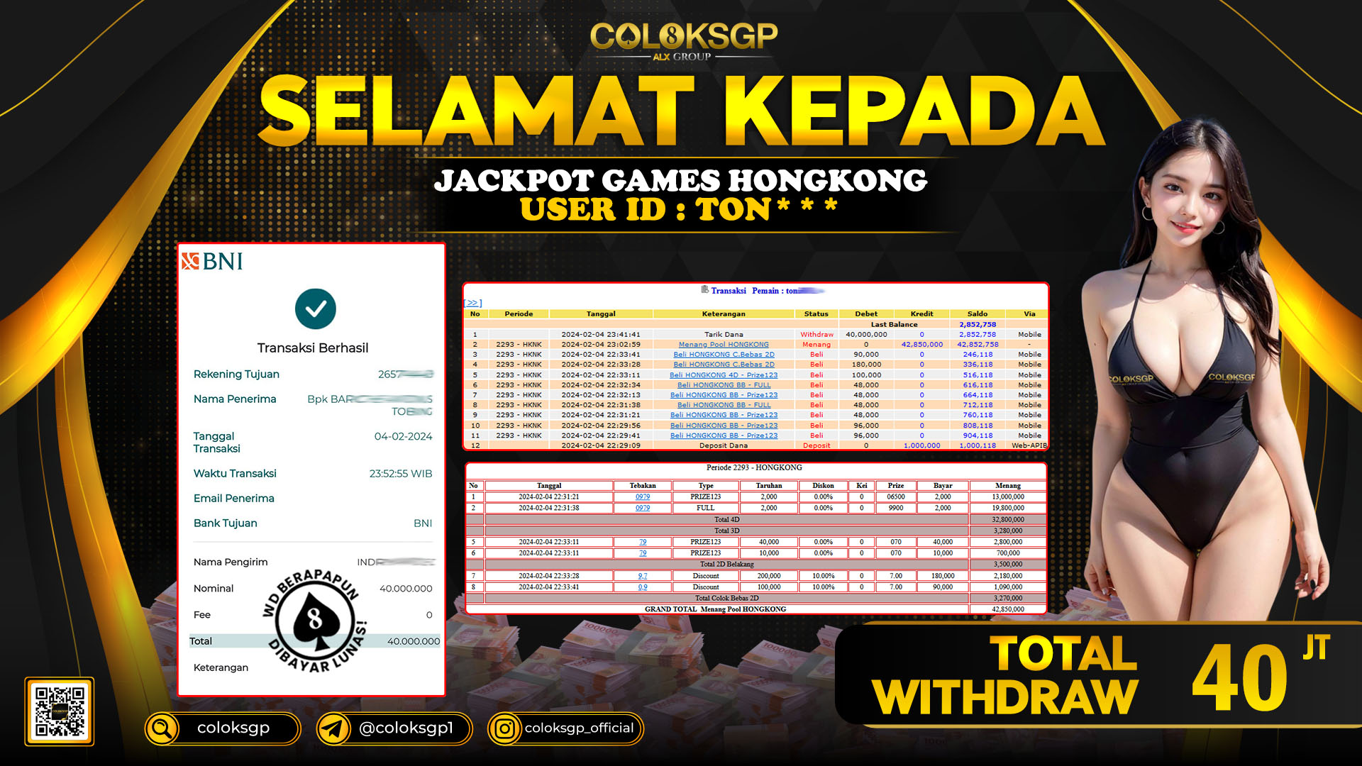 COLOKSGP JACKPOT HONGKONG POOLS RP 40.000.000 LUNAS