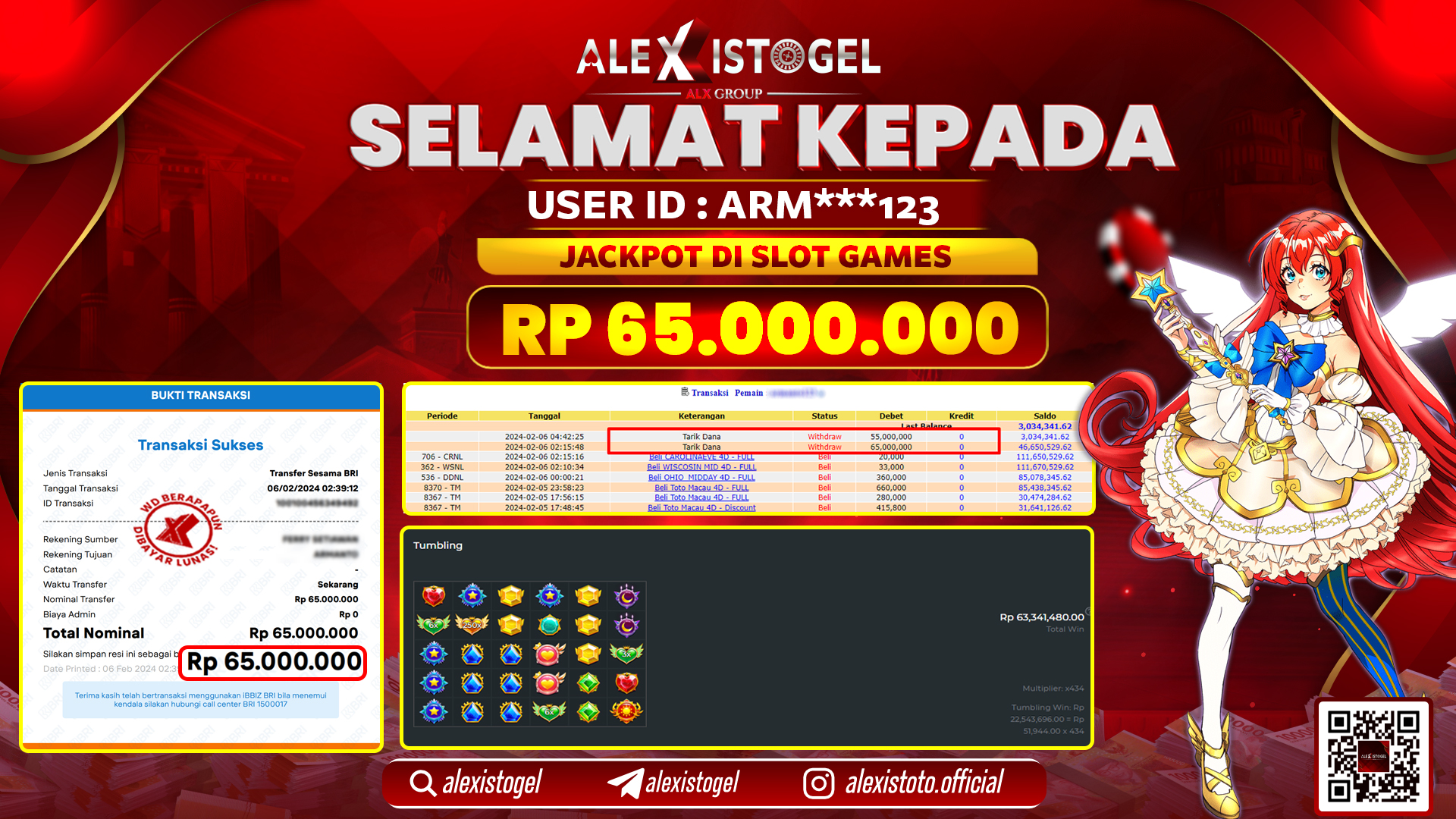 ALEXISTOGEL JACKPOT SLOT GAMES RP. 65.000.000 LUNAS