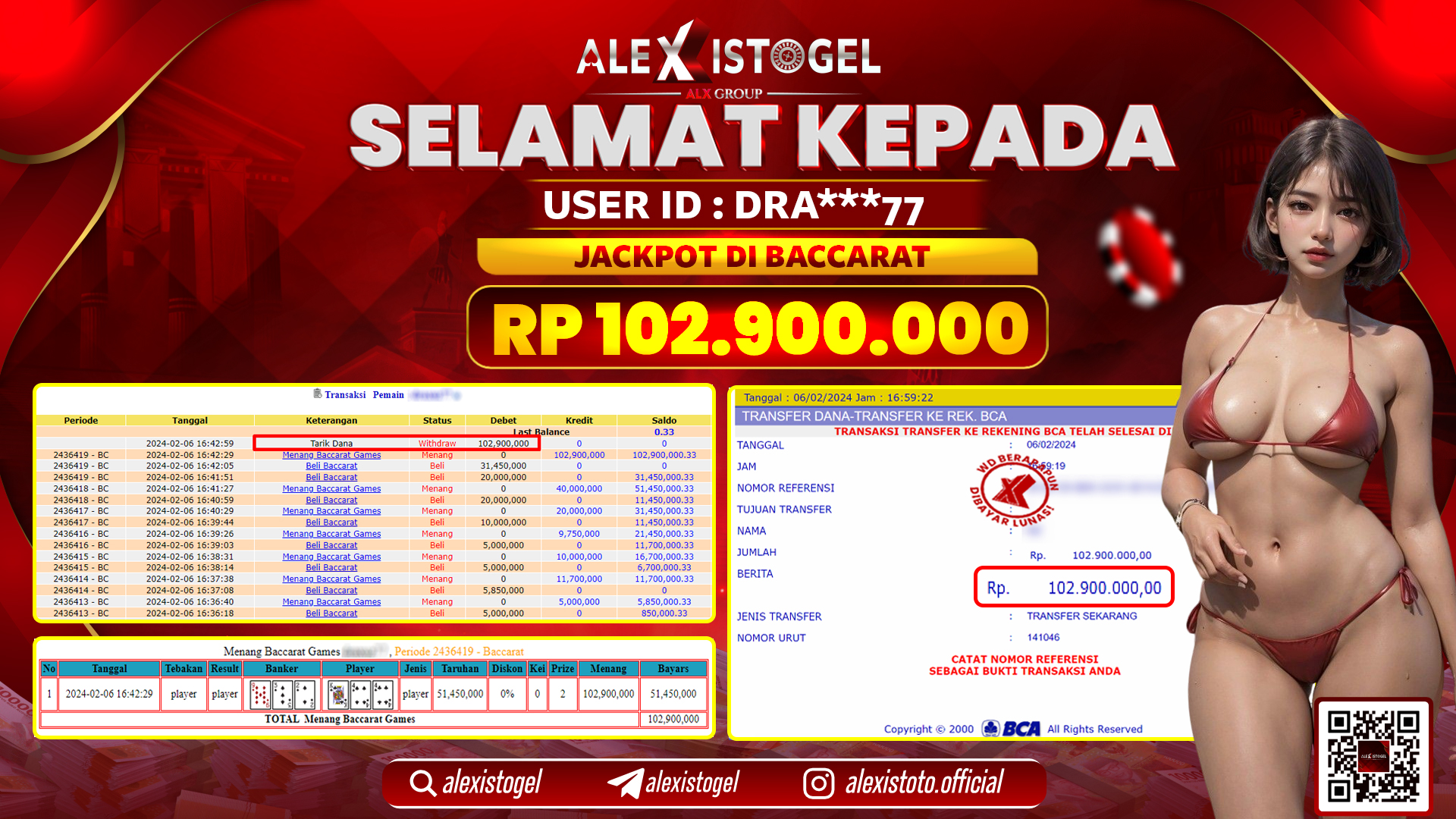 ALEXISTOGEL JACKPOT BACCARAT RP. 102.900.000 LUNAS