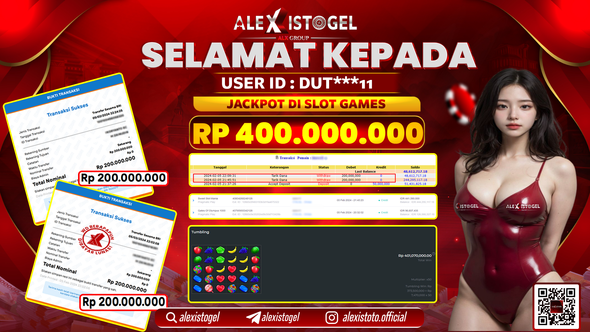 ALEXISTOGEL JACKPOT SLOT GAMES RP. 400.000.000 LUNAS