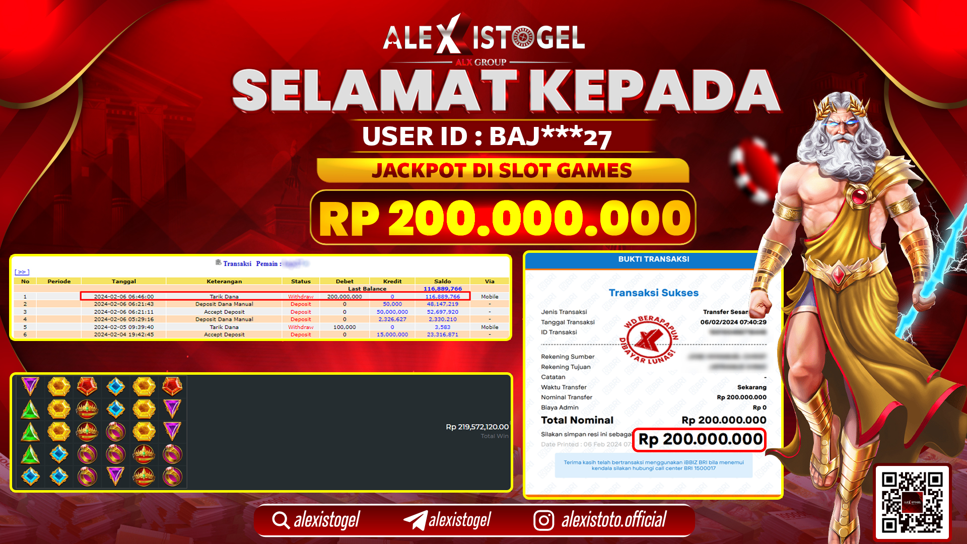 ALEXISTOGEL JACKPOT SLOT GAMES RP. 200.000.000 LUNAS