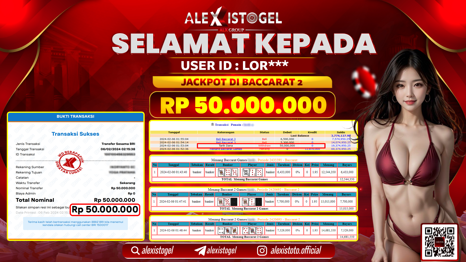 ALEXISTOGEL JACKPOT BACCARAT 2 RP. 50.000.000 LUNAS