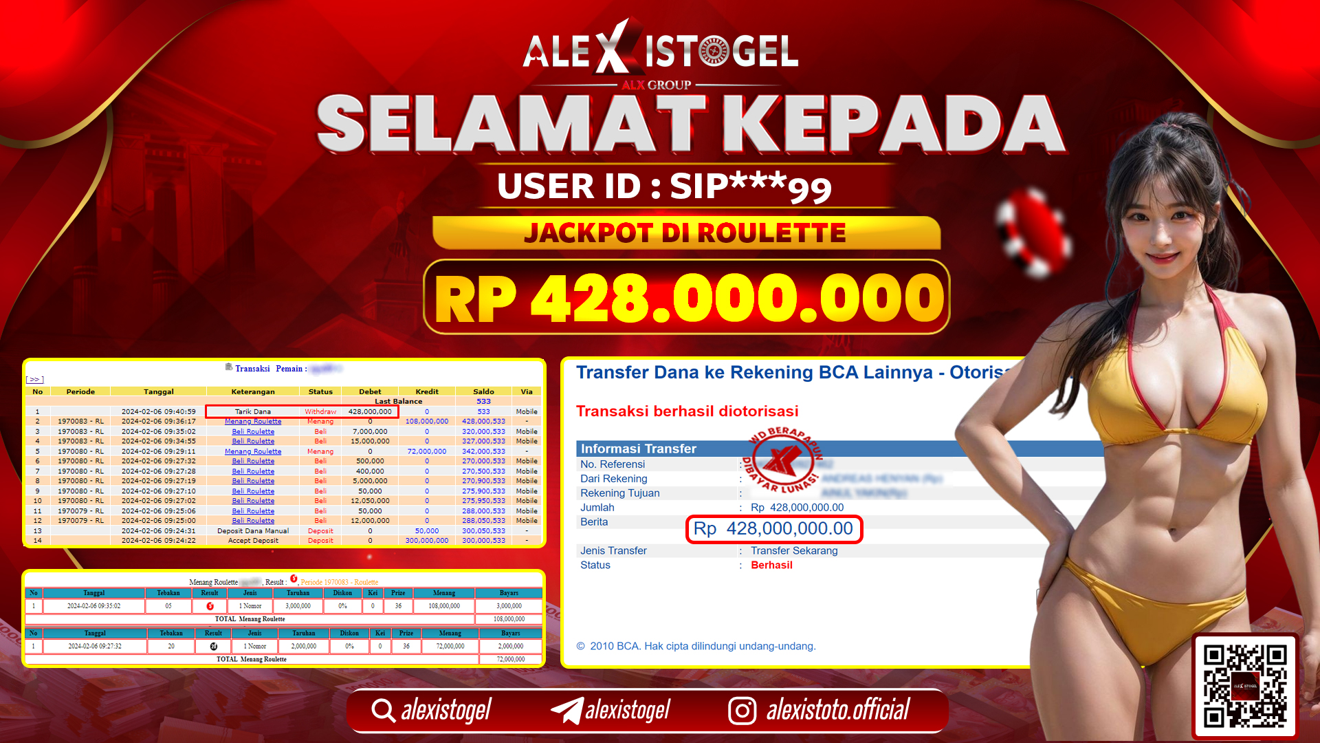 ALEXISTOGEL JACKPOT ROULETTE RP. 428.000.000 LUNAS
