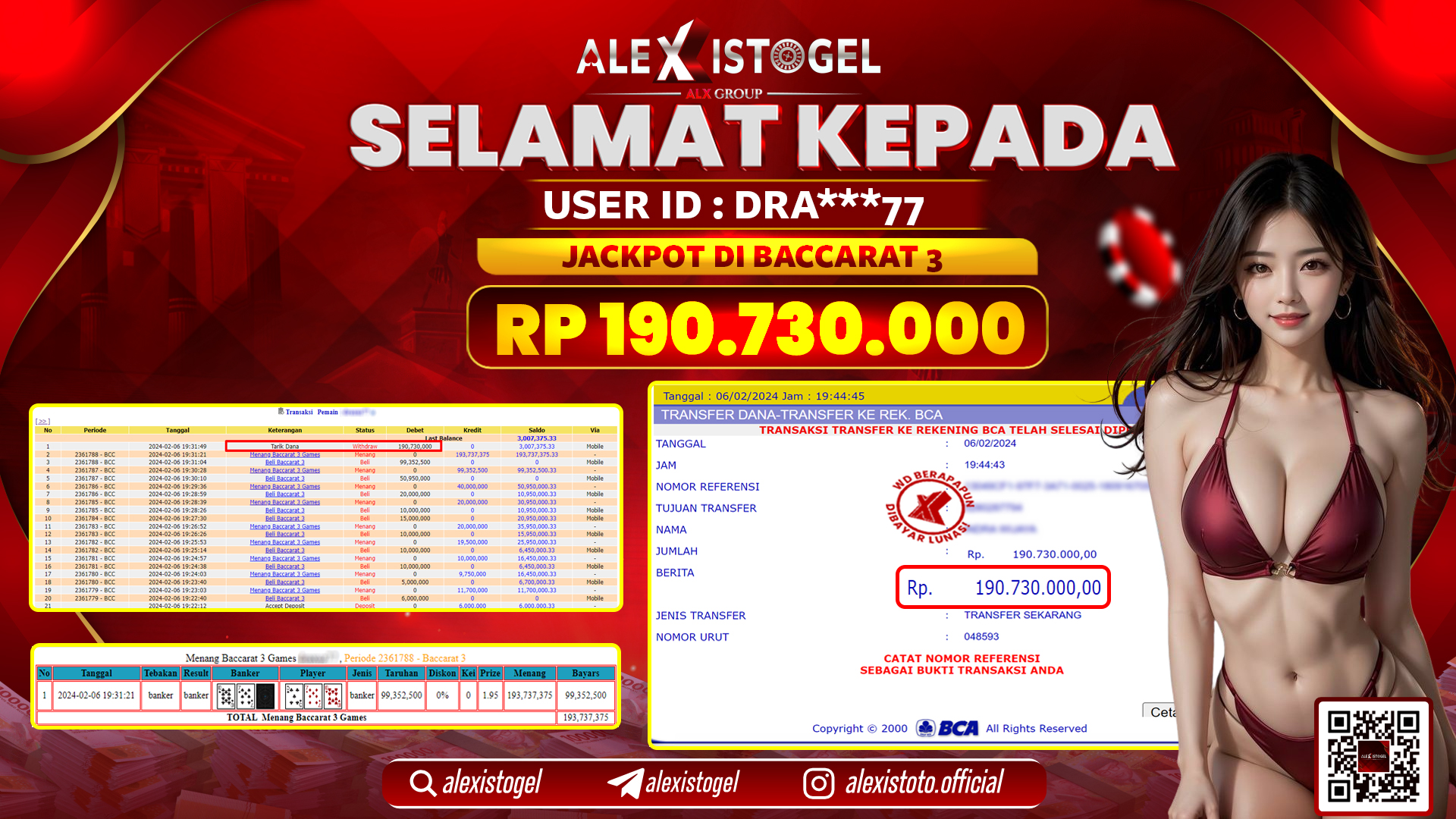 ALEXISTOGEL JACKPOT BACCARAT 3 RP. 190.730.000 LUNAS