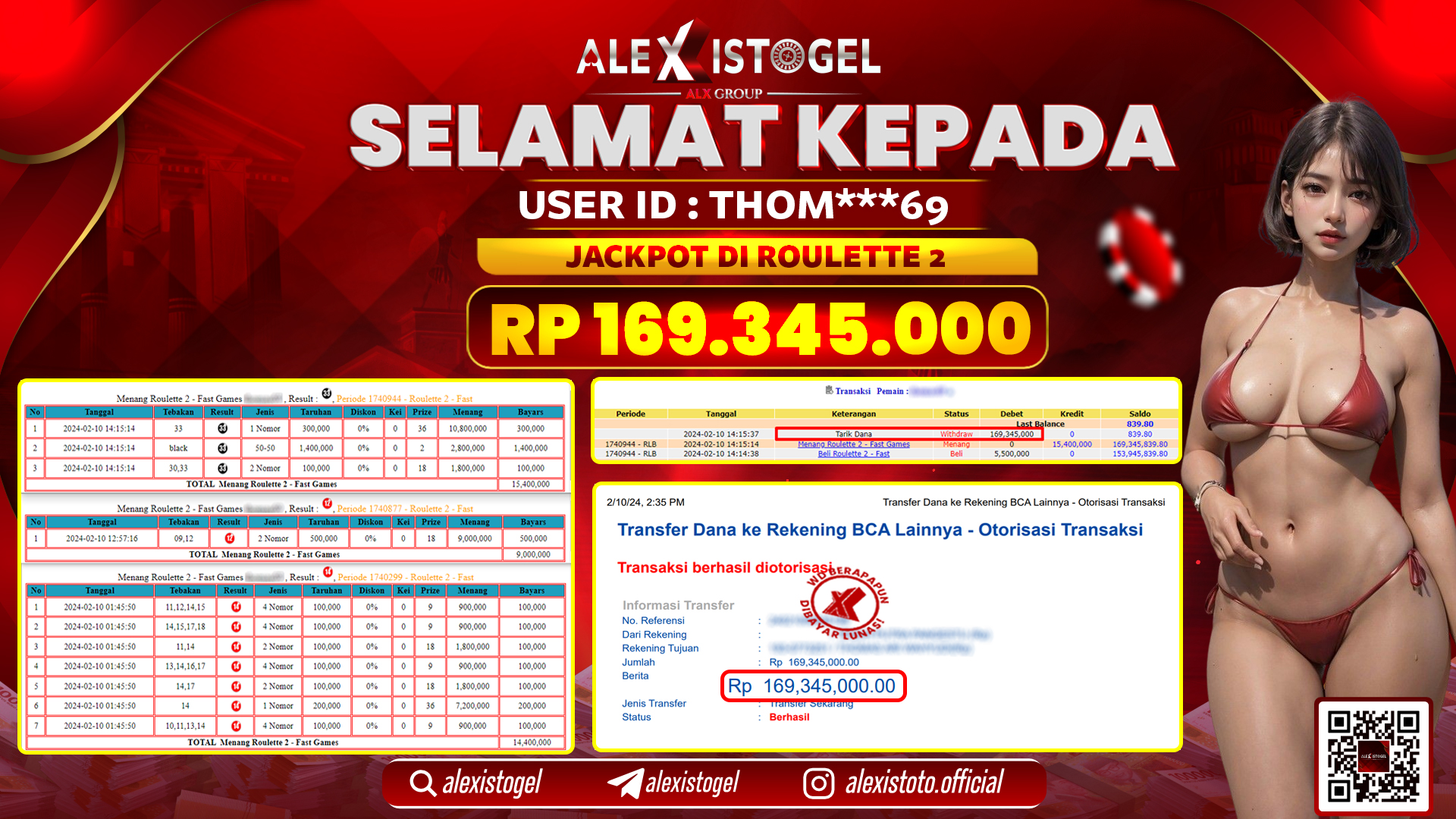 ALEXISTOGEL JACKPOT ROULETTE 2 RP. 169.345.000 LUNAS