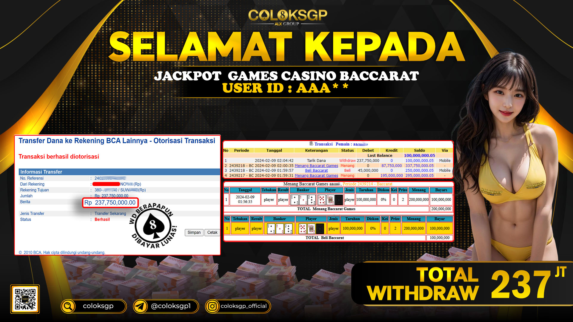 COLOKSGP JACKPOT BACCARAT RP 237.000.000 LUNAS