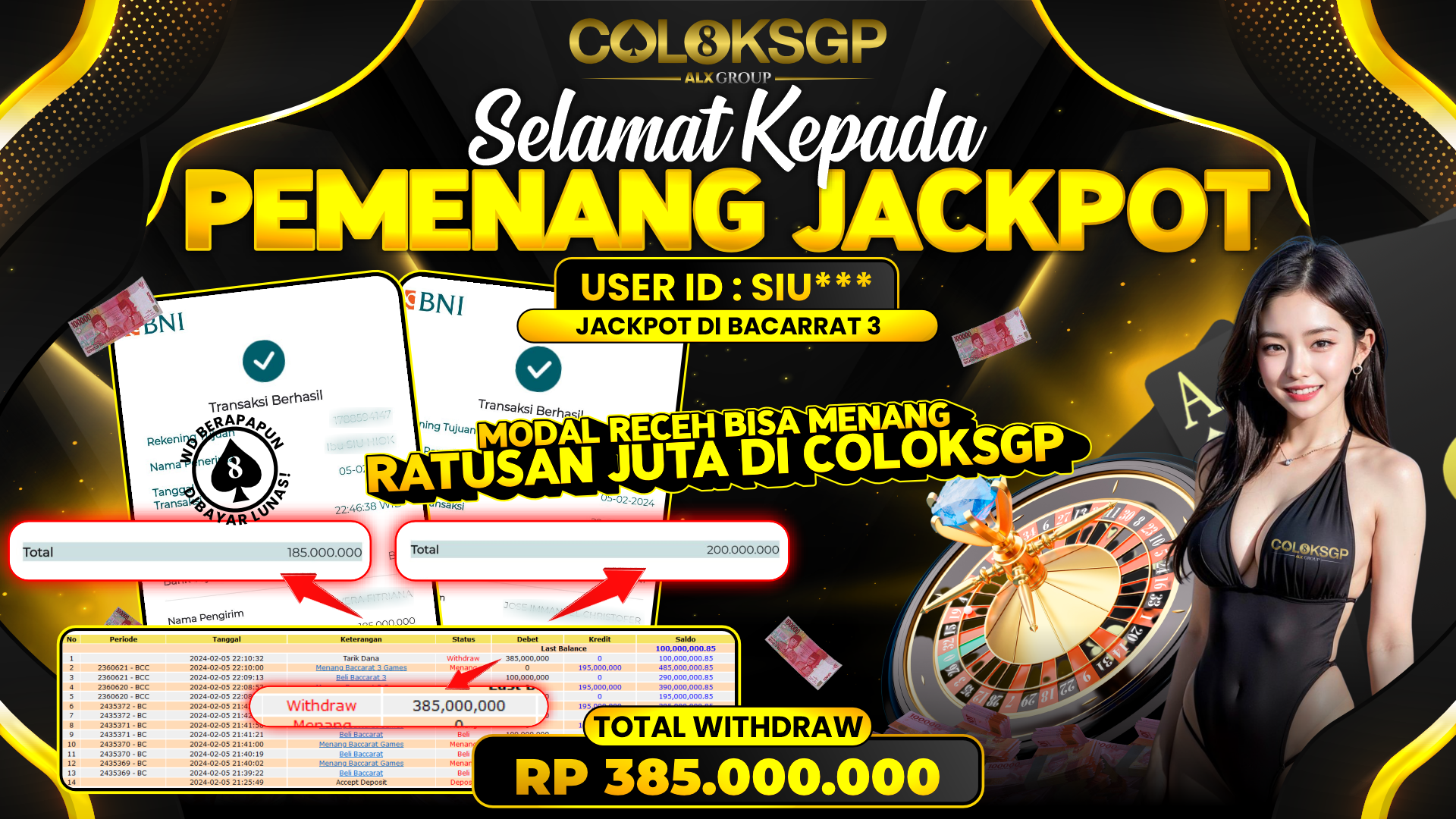 COLOKSGP JACKPOT BACCARAT 3 RP 385.000.000 LUNAS