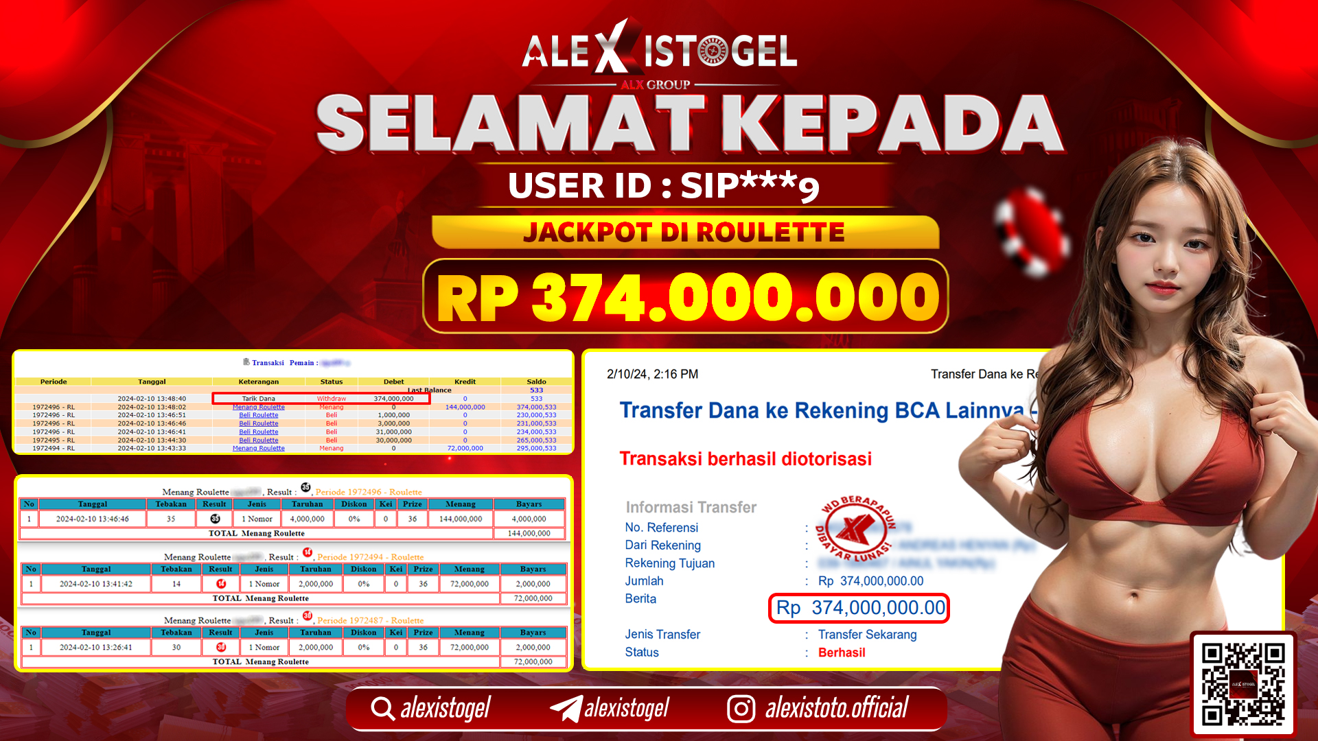 ALEXISTOGEL JACKPOT ROULETTE RP. 374.000.000 LUNAS