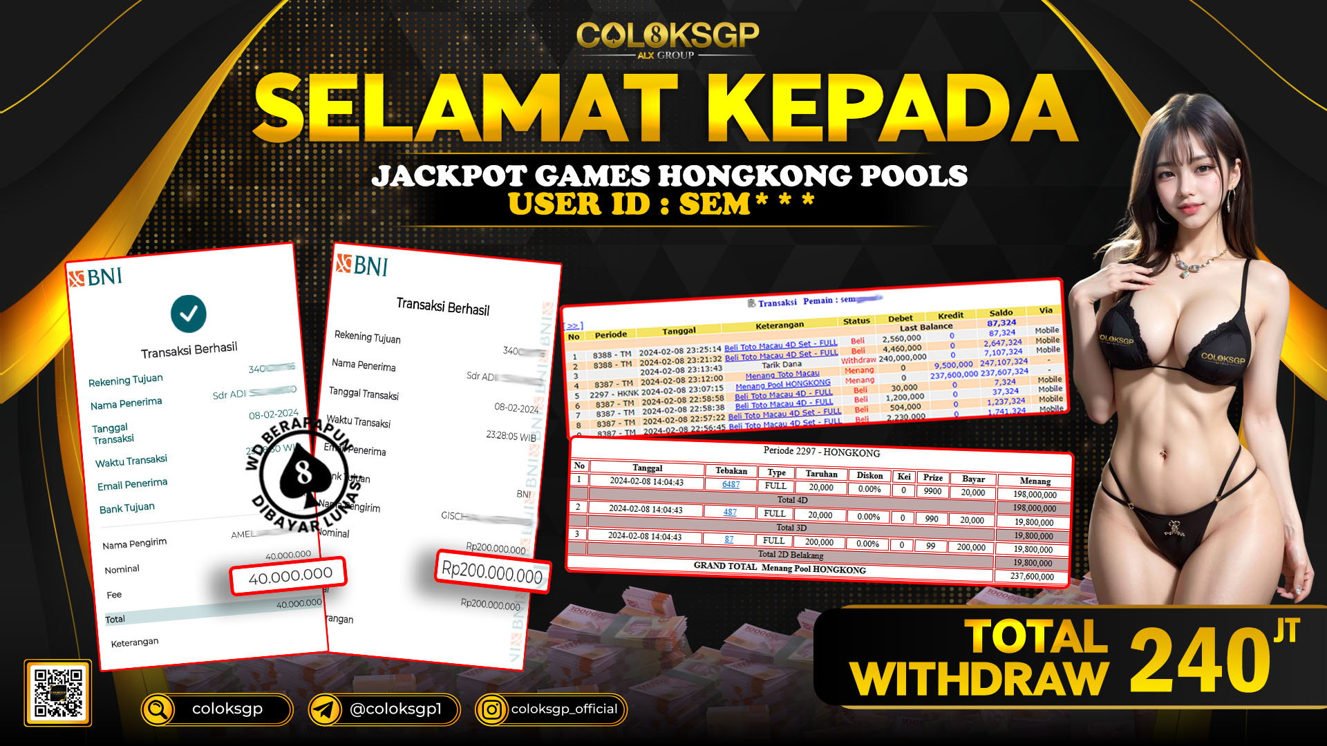 COLOKSGP JACKPOT HONGKONG POOLS RP 240.000.000 LUNAS