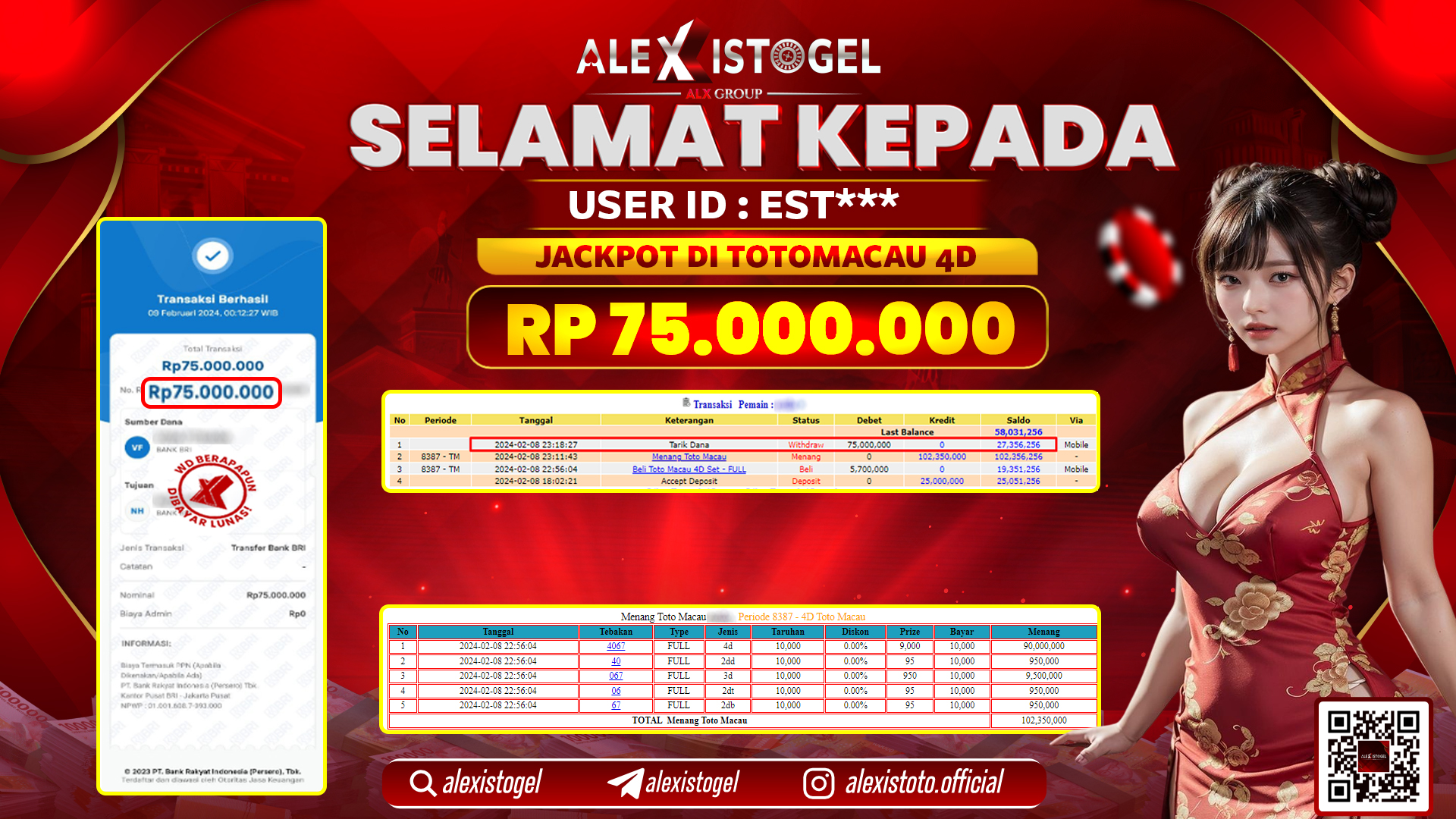 ALEXISTOGEL JACKPOT TOTO MACAU RP. 75.000.000 LUNAS